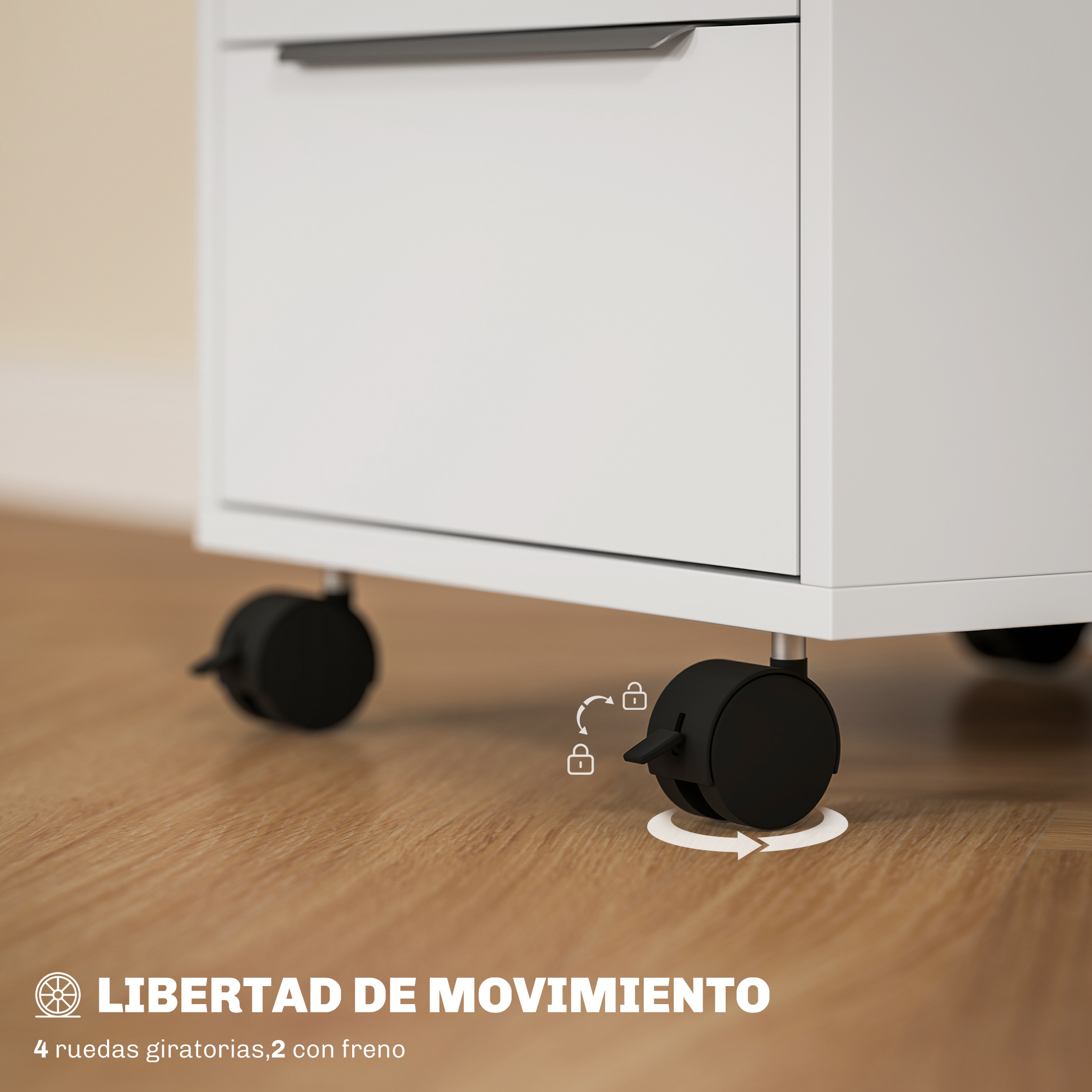 Un armario blanco con ruedas sobre suelo de madera, con iconos de bloqueo y movimiento.