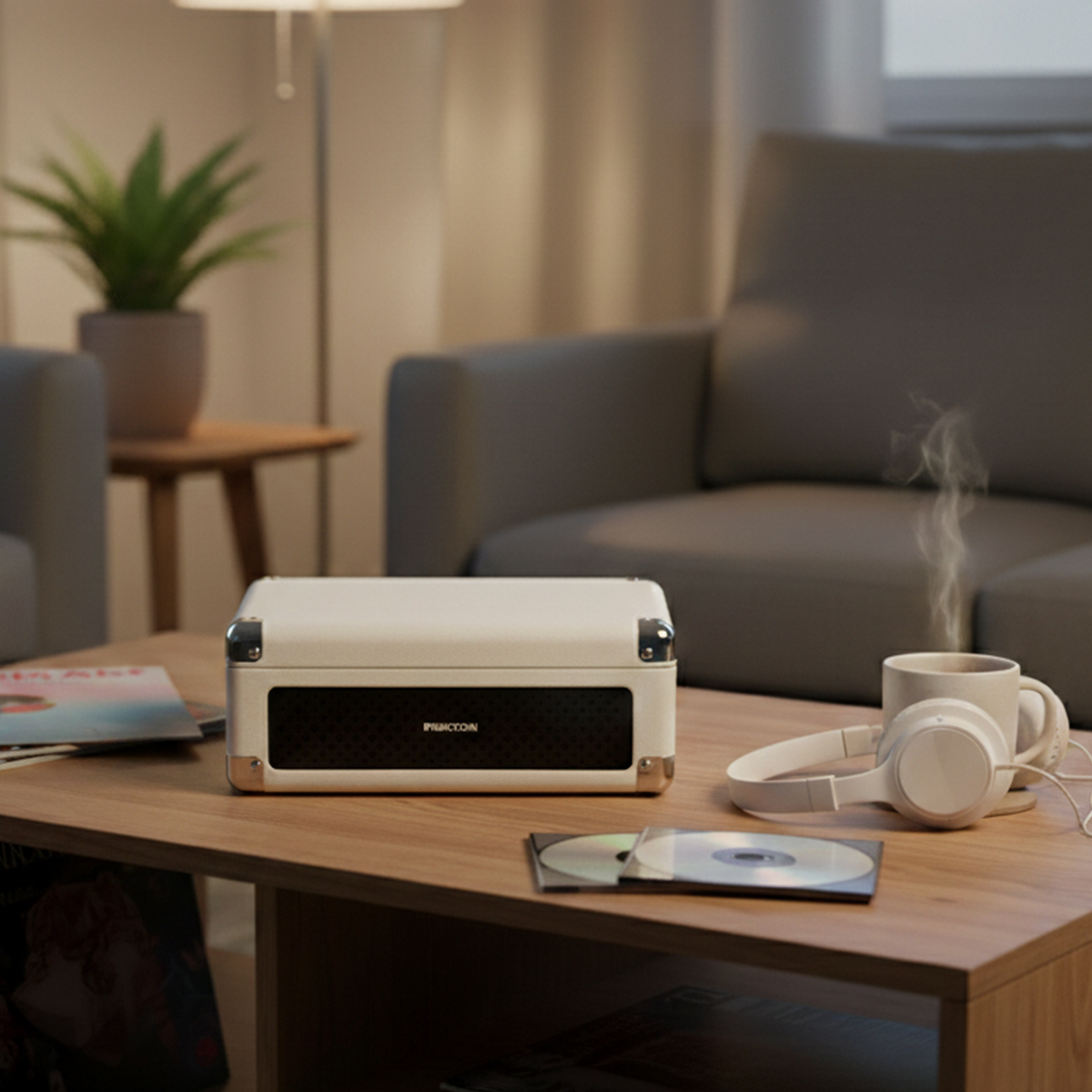 Un tocadiscos blanco sobre una mesa de madera con auriculares y CDs.