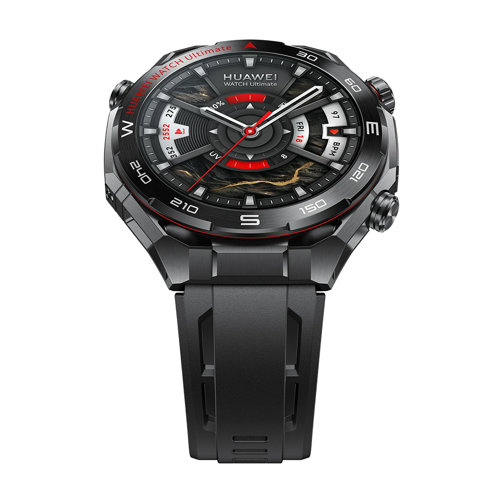 Eine schwarze Huawei Watch Ultimate mit dunklem Zifferblatt und schwarzem Armband.