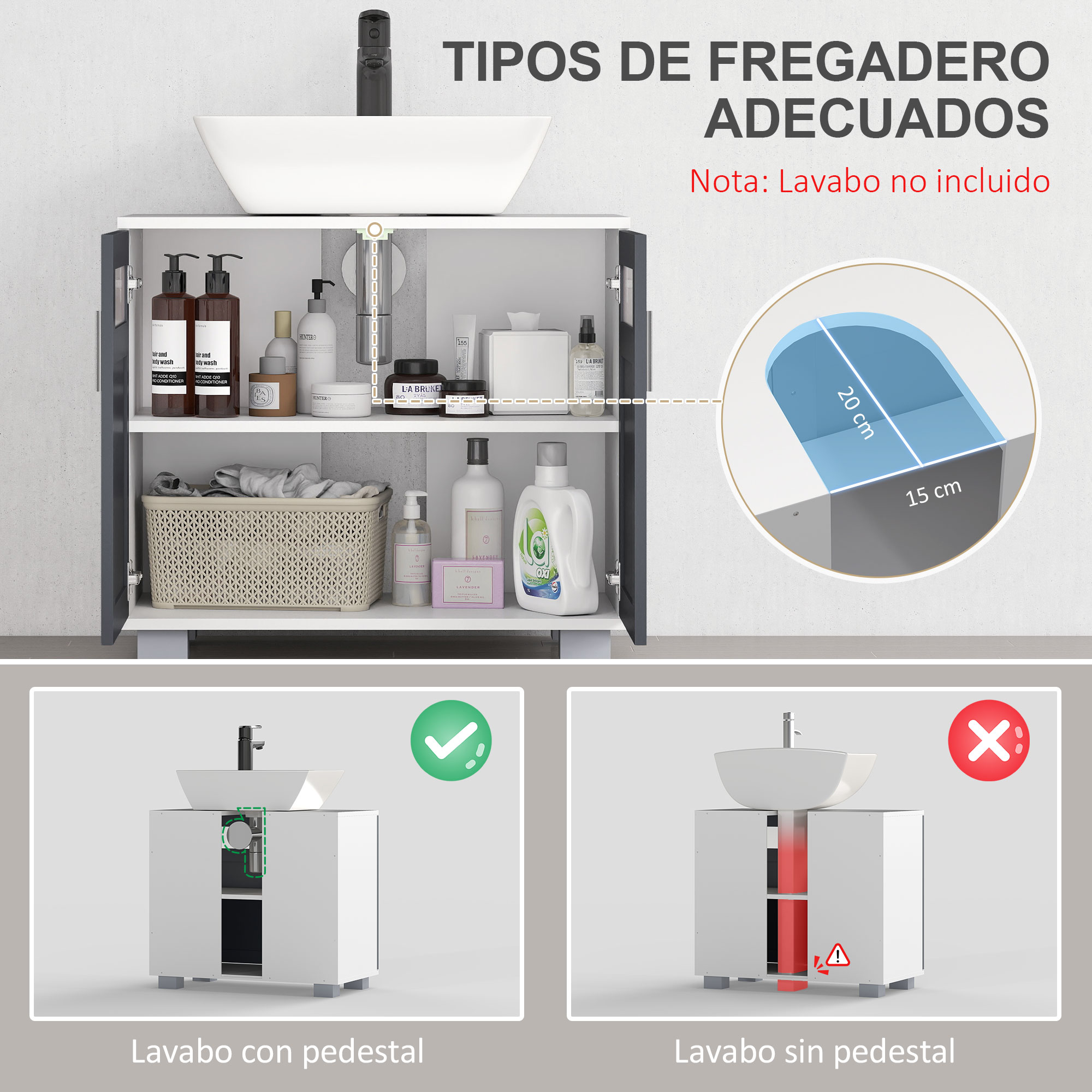 Mueble de baño con lavabo, dimensiones y ejemplos de instalación.