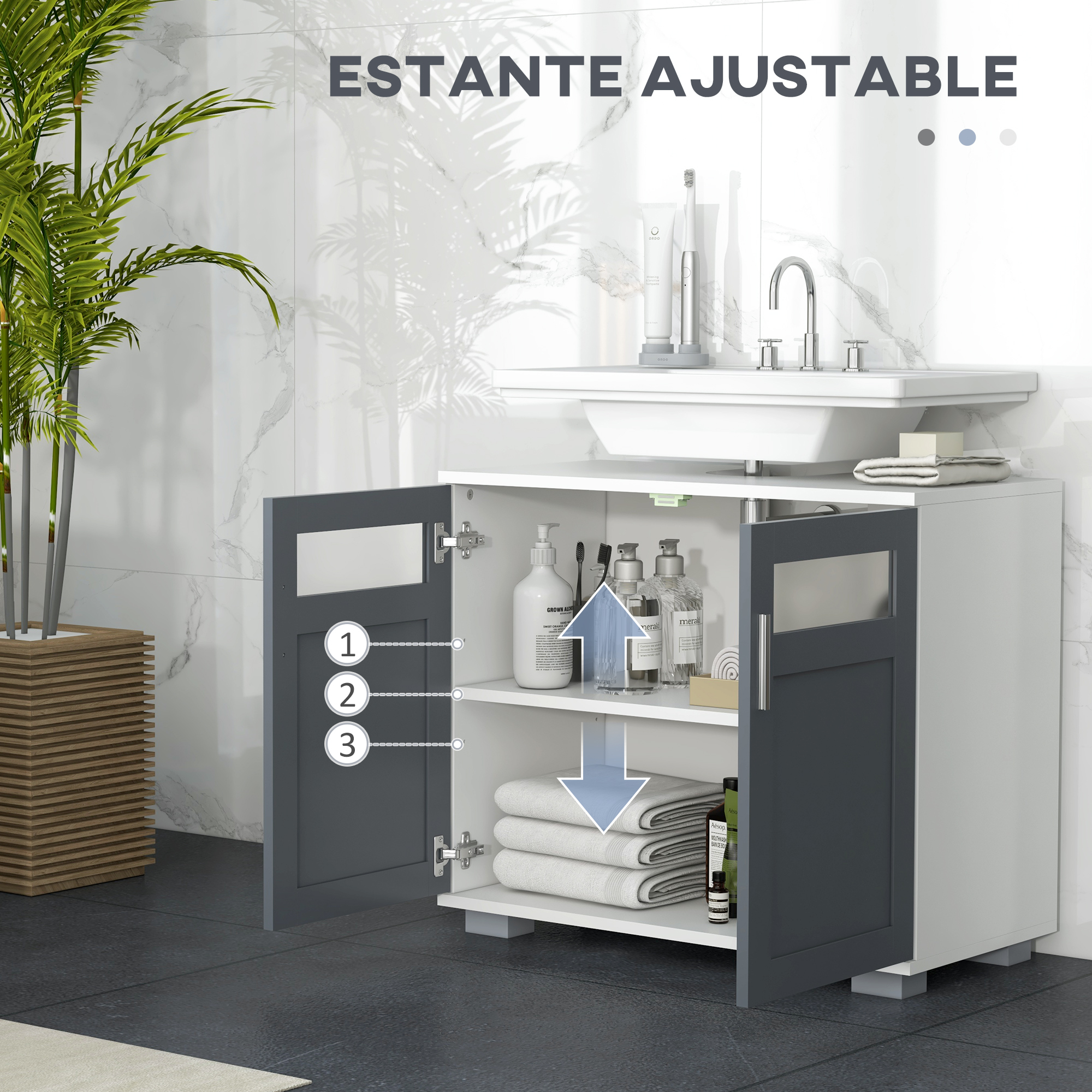 Un mueble de baño con puertas abiertas muestra estantes con jabones, cepillos de dientes y toallas.