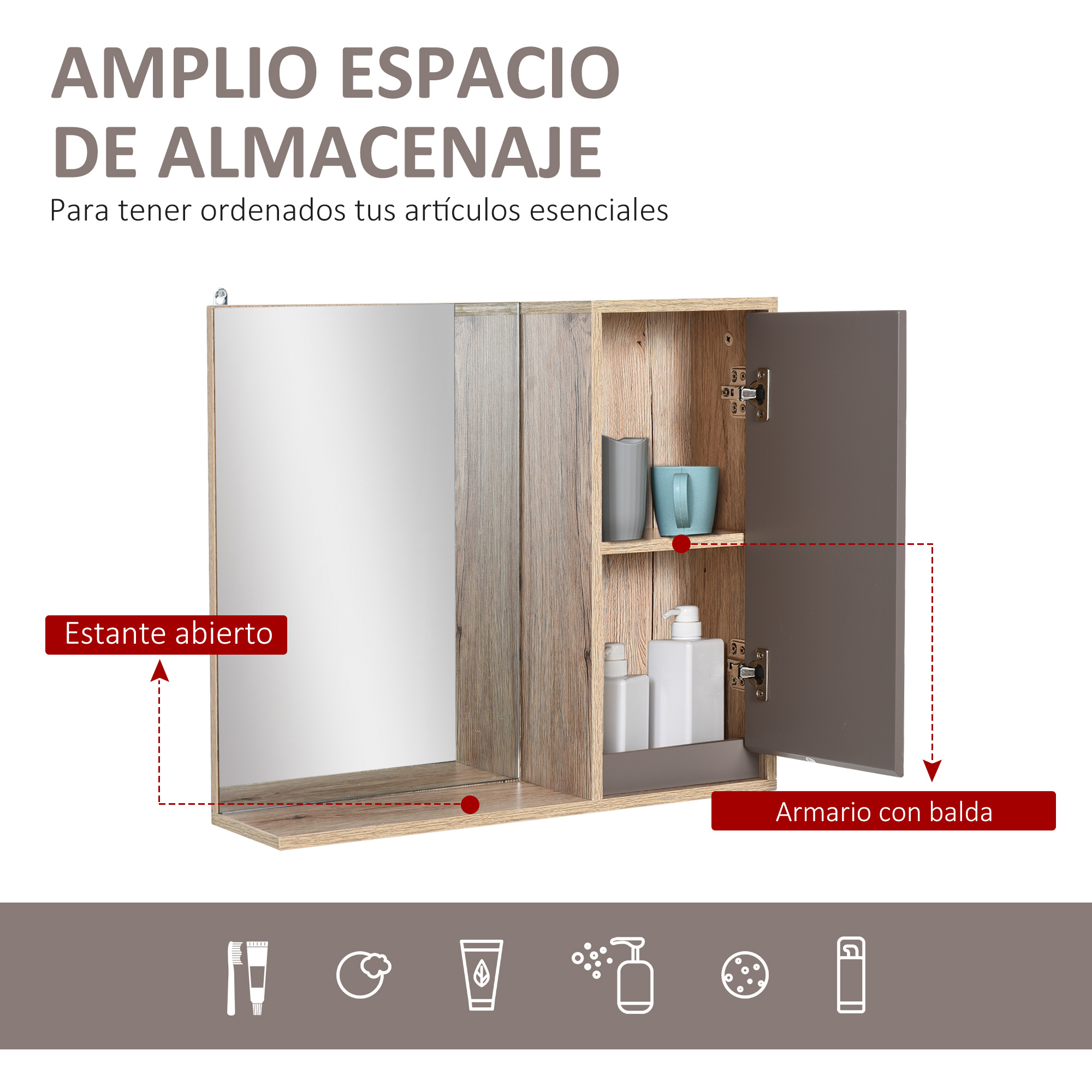 Un armario de baño abierto con espejo y estantes, con artículos de tocador.