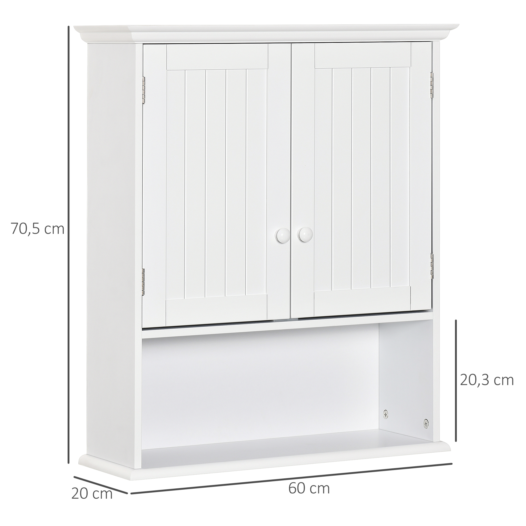Armario blanco de pared con dos puertas y estante abierto. Dimensiones 70,5x60x20cm.