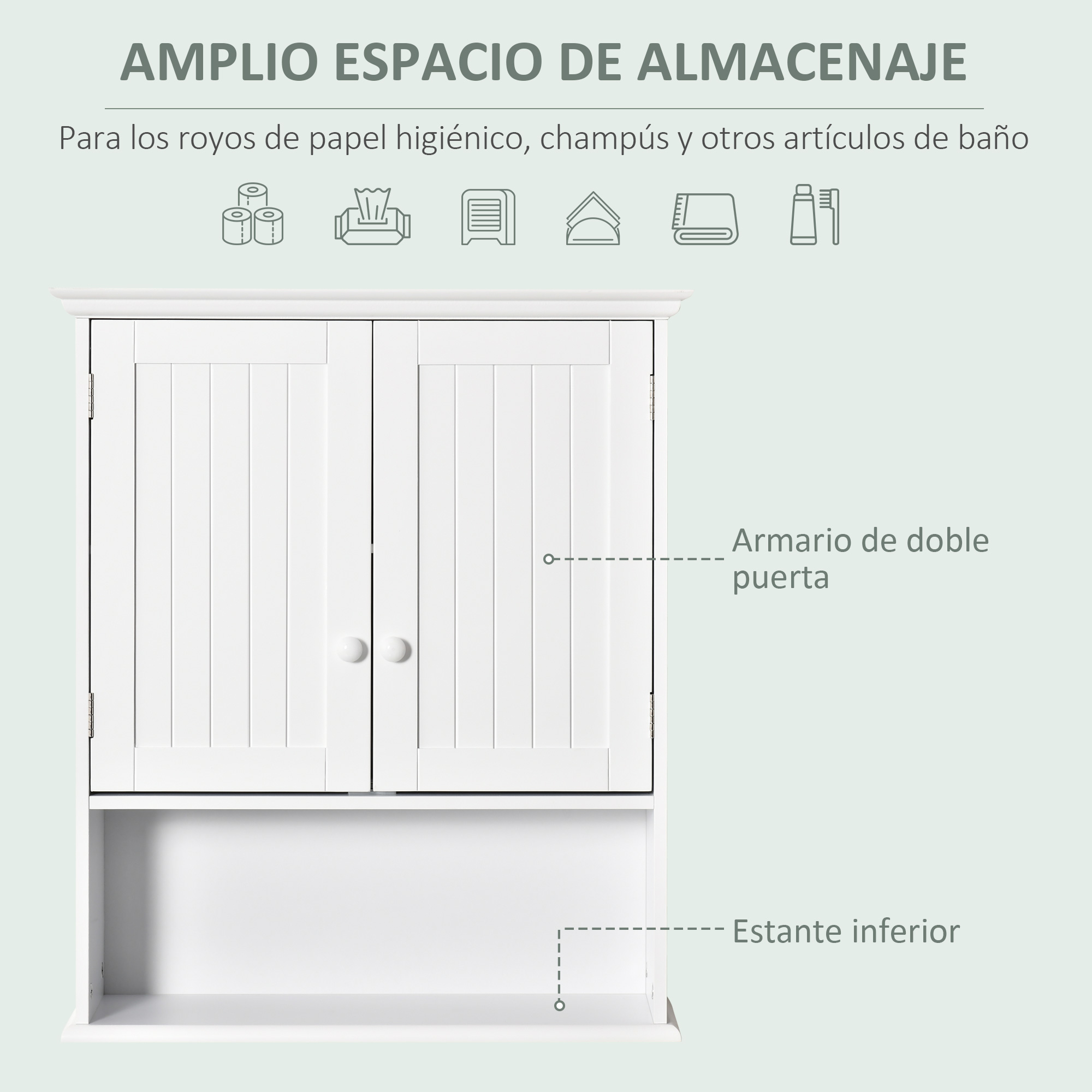Armario blanco de doble puerta con estante inferior. Iconos de papel higiénico, pañuelos, jabón, toallas, pasta de dientes.