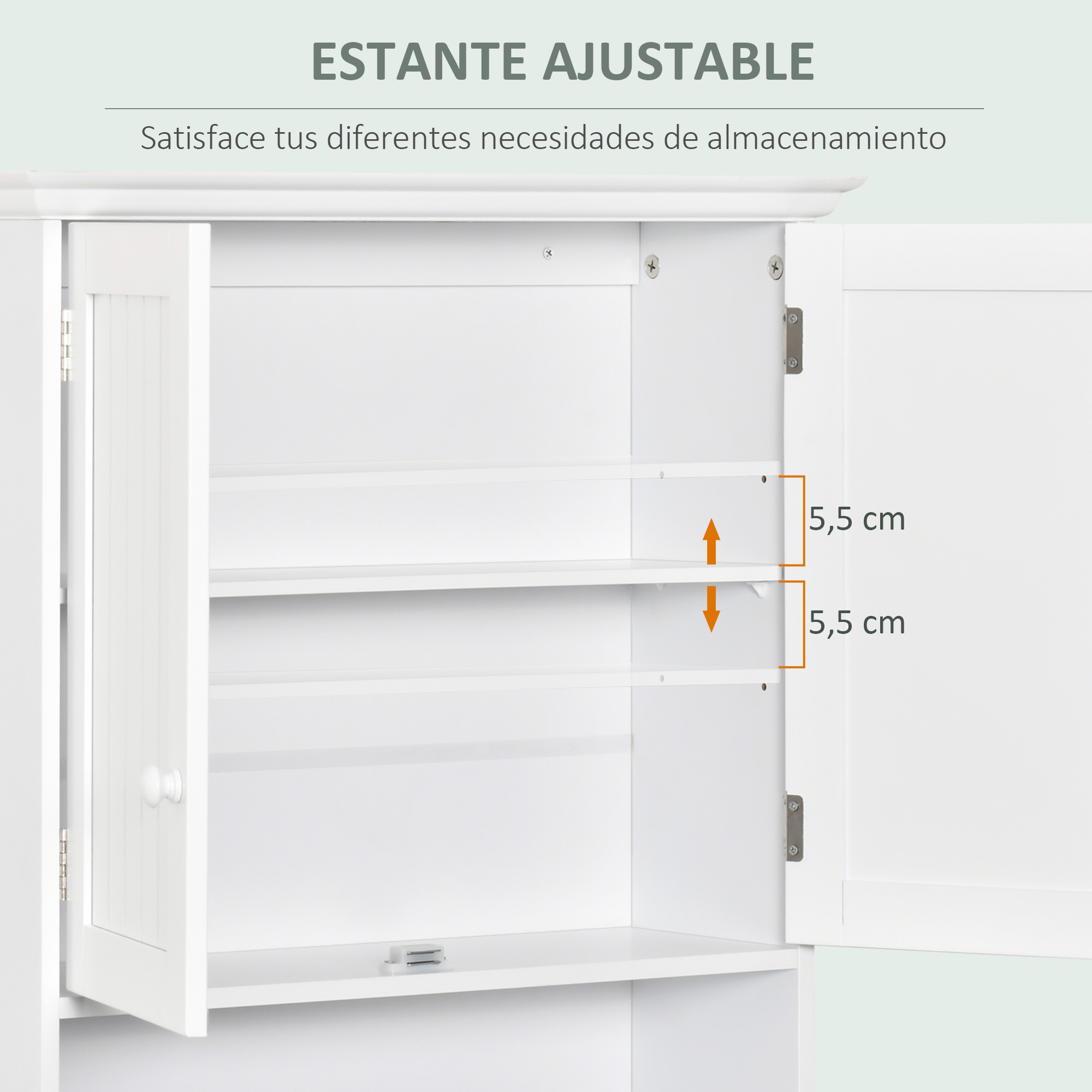 Puertas de armario blancas abiertas, alturas de estante indicadas en 5,5 cm.