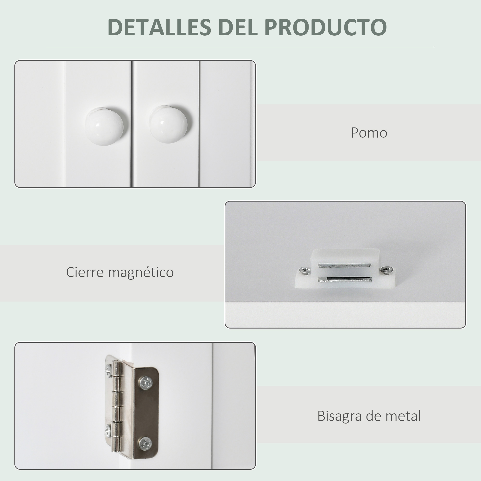 Detalles de puerta de mueble blanco: pomos, cierre magnético y bisagra.