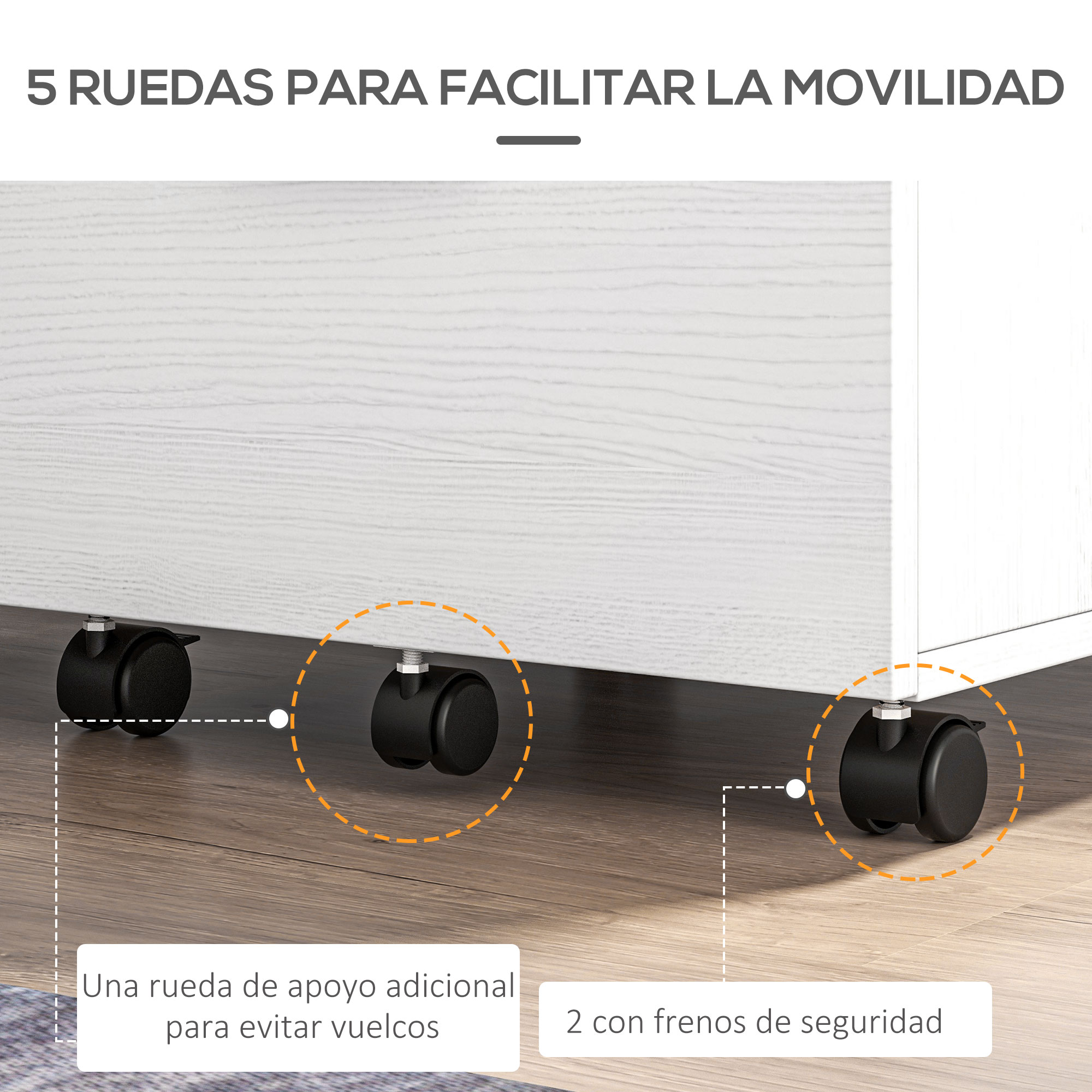 Cinco ruedas para movilidad, dos con frenos. Una rueda extra para estabilidad.