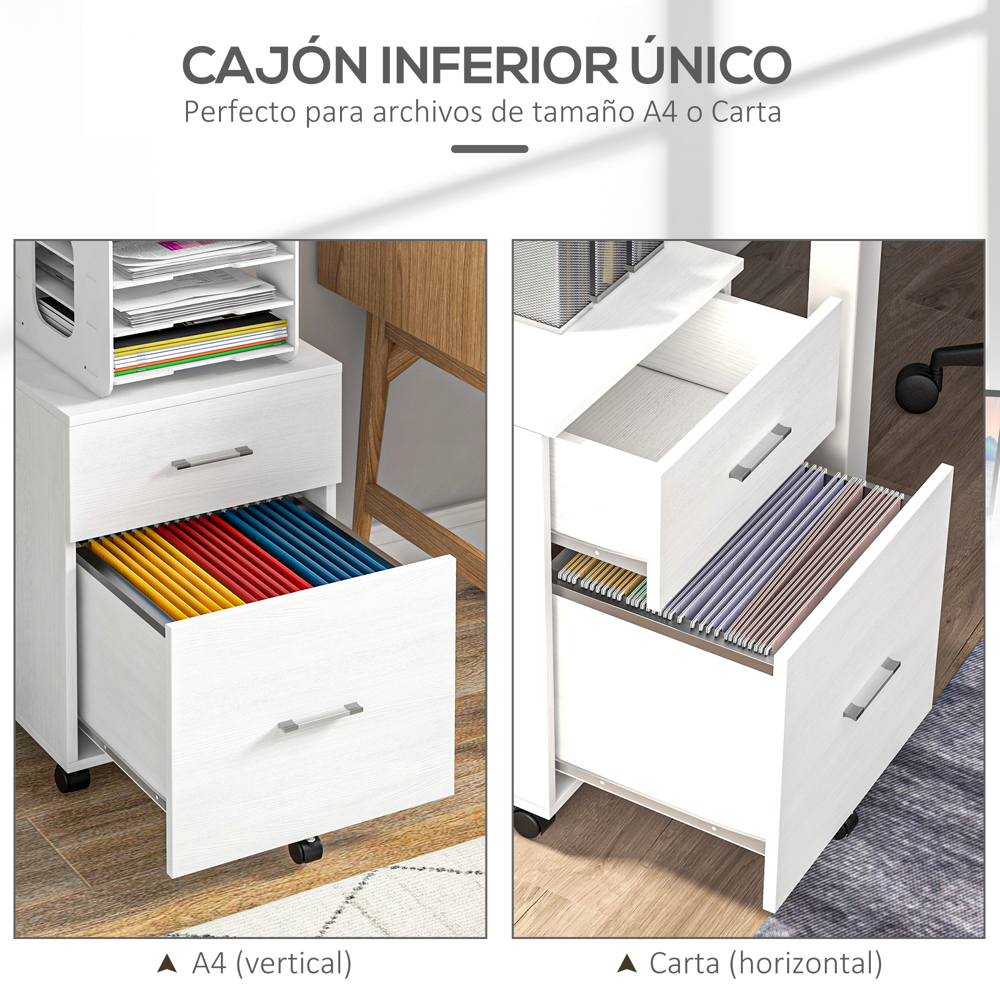 Cajones blancos con archivadores. Izquierda muestra carpetas A4 verticales, derecha horizontales.