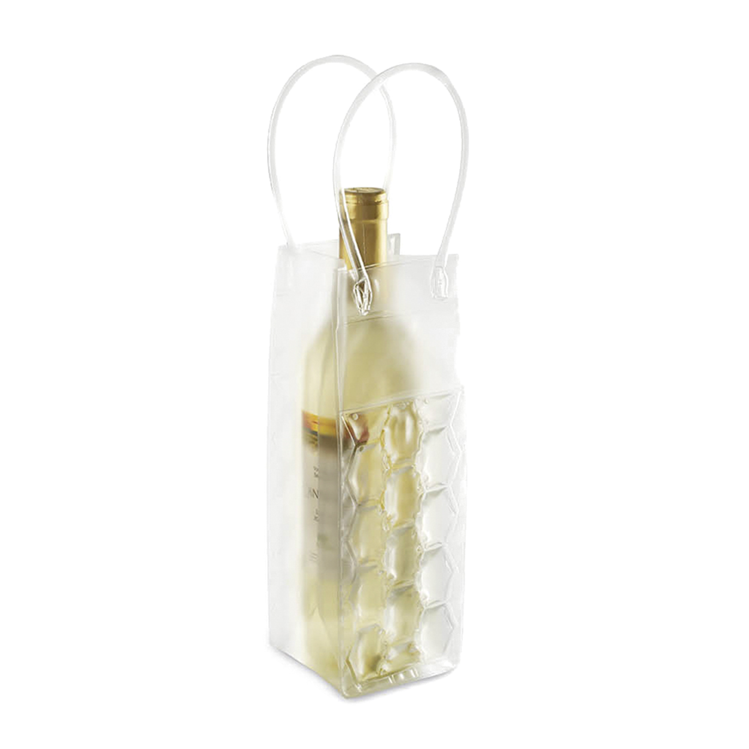 Una bolsa refrigeradora transparente con asas sostiene una botella de vino blanco.