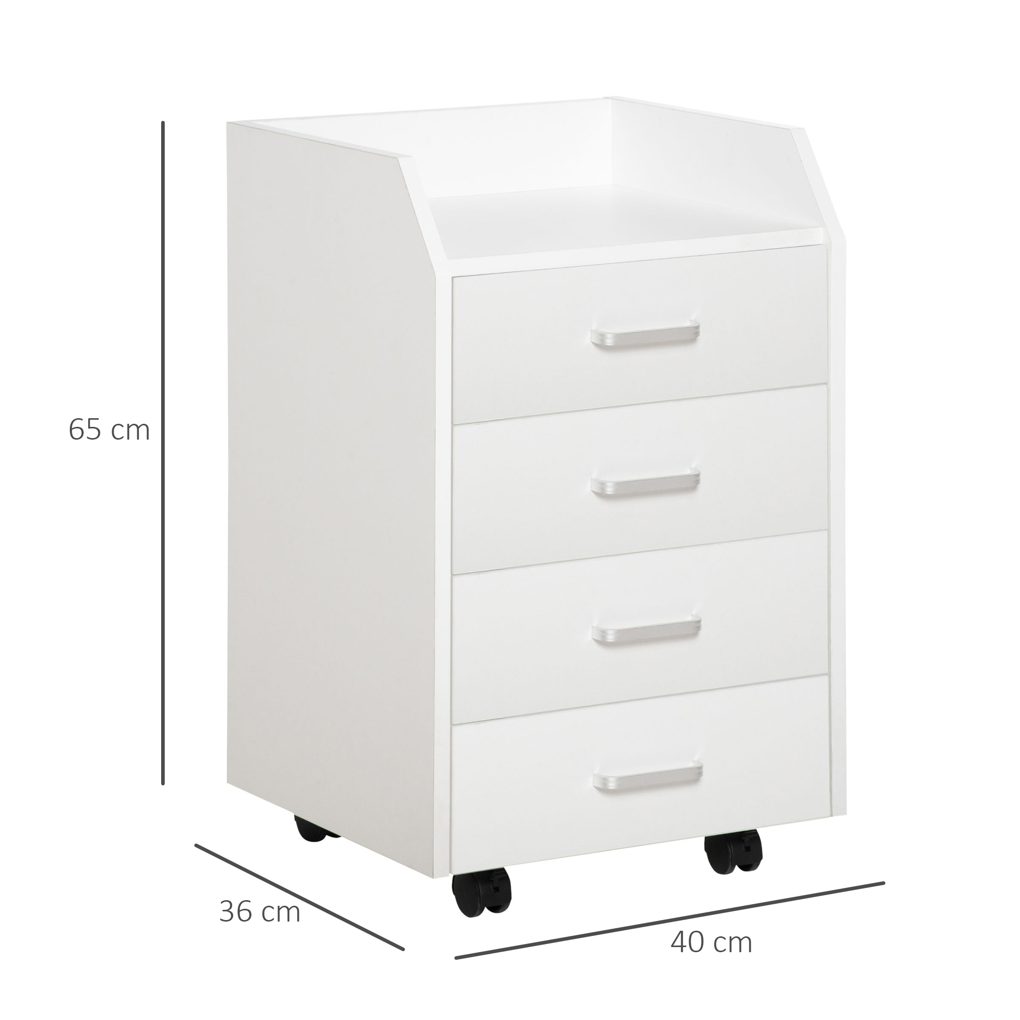 Mueble blanco con ruedas, cuatro cajones y tiradores plateados.