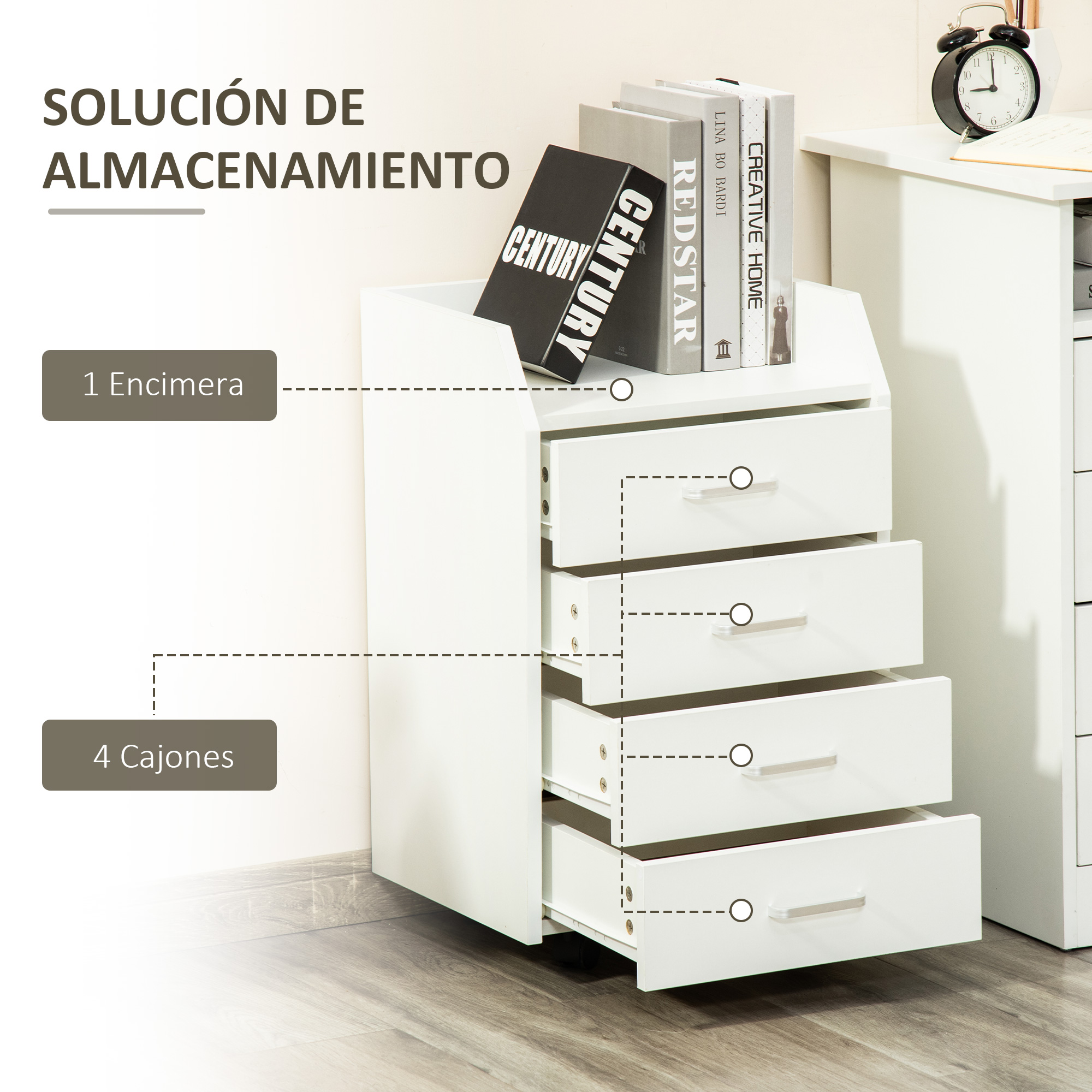 Una mesita de noche blanca con cuatro cajones y libros encima.