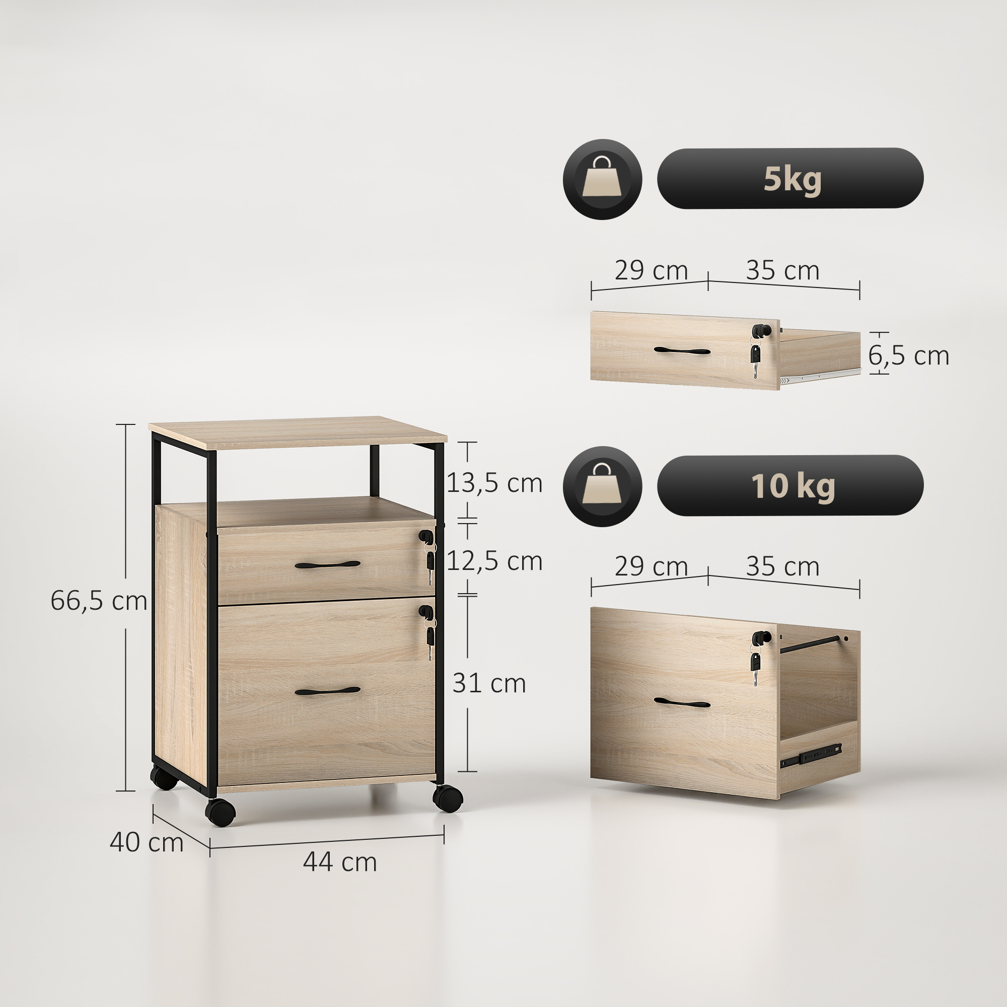 Un mueble de madera clara con tres cajones, ruedas y medidas.