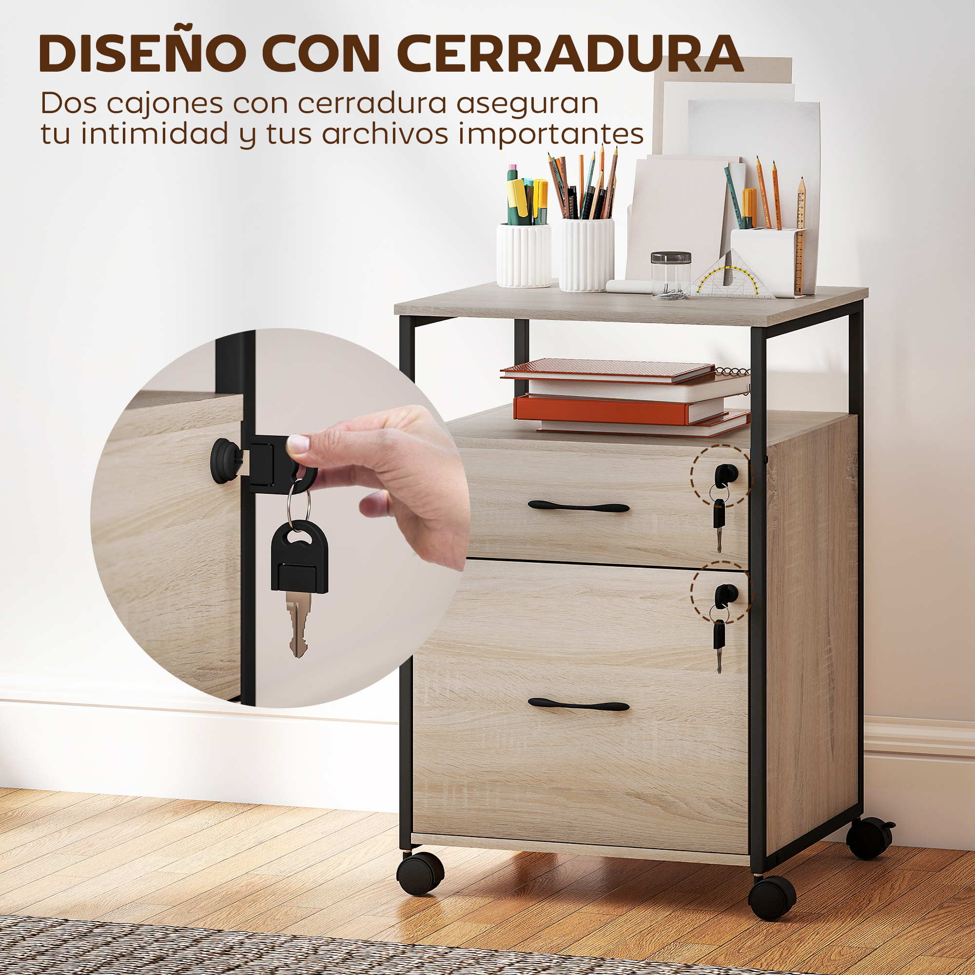 Un archivador de madera clara con ruedas y dos cajones cerrados con llave.