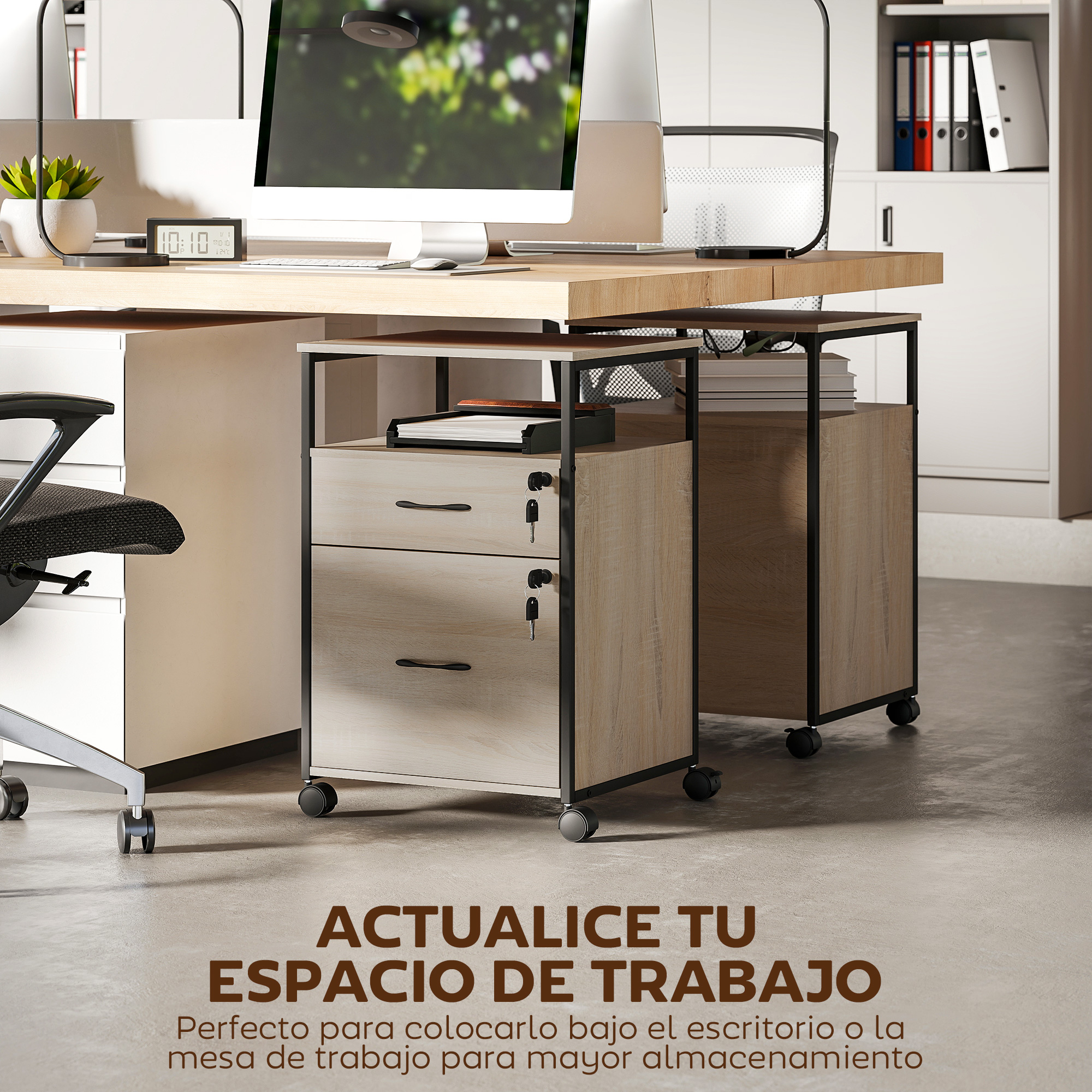 Entorno de oficina con escritorio, computadora, cajones y silla.