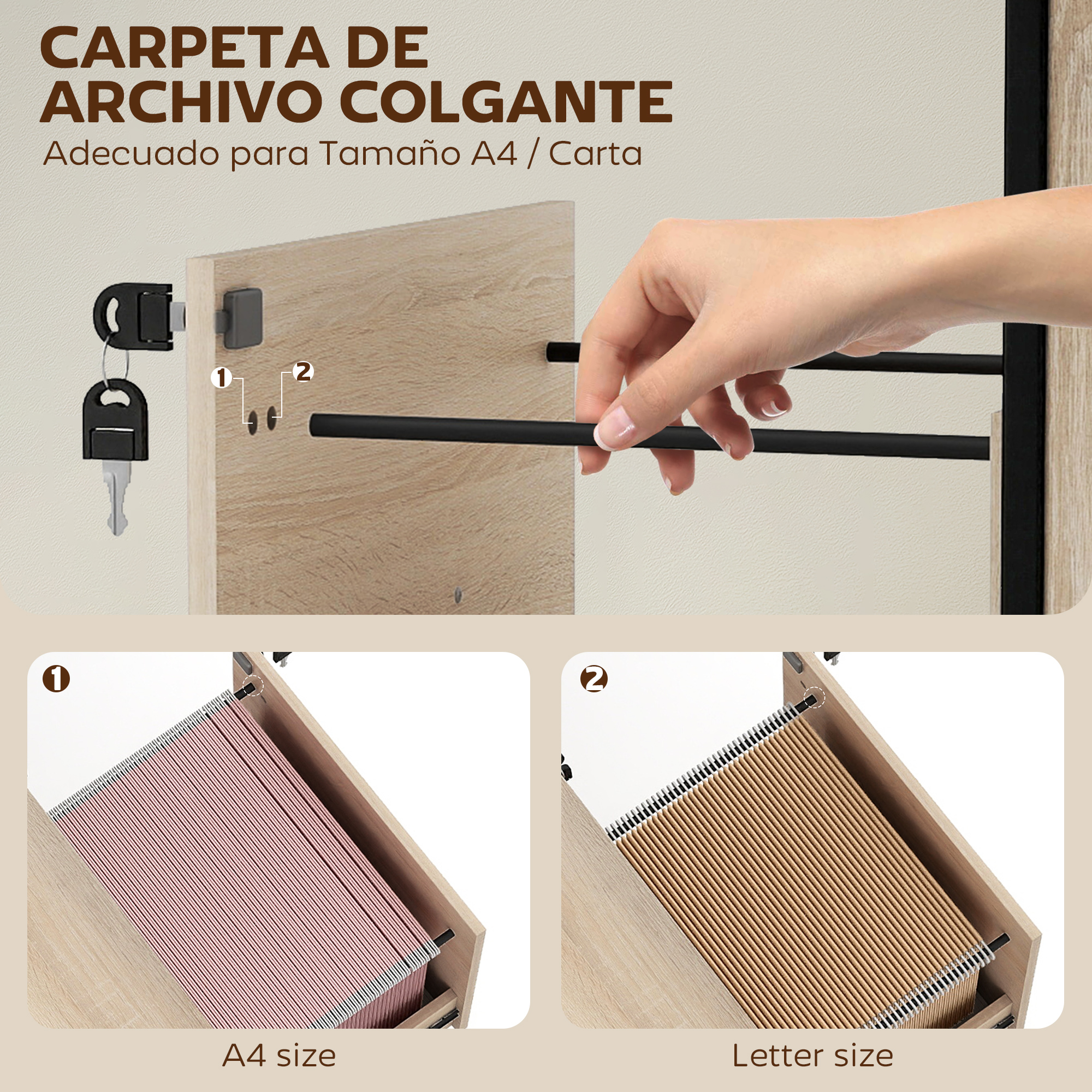 Un cajón de archivador colgante que muestra archivos tamaño A4 y Carta.