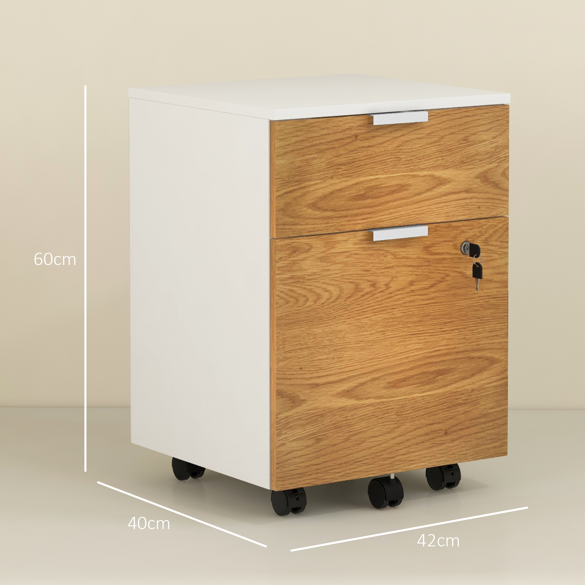 Mueble archivador blanco con cajones de madera, dos cajones, ruedas y llave.