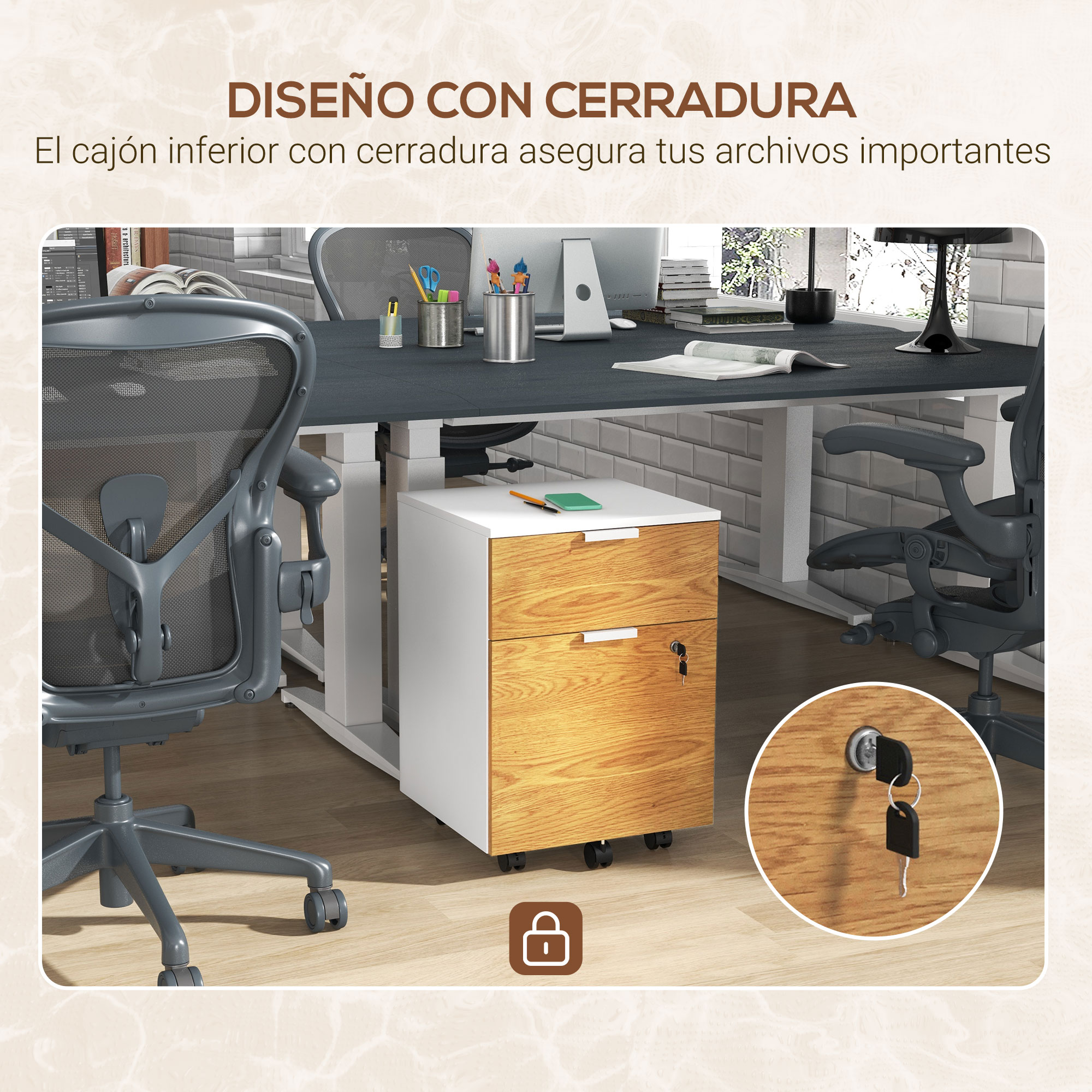 Oficina con escritorio, sillas y mueble cajonera con cerradura y llave.