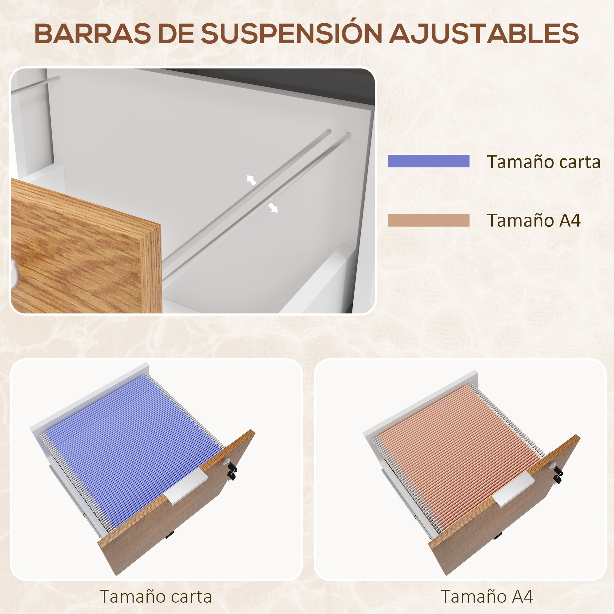 Barras para carpetas colgantes: Azules para tamaño Carta, Beige para A4.