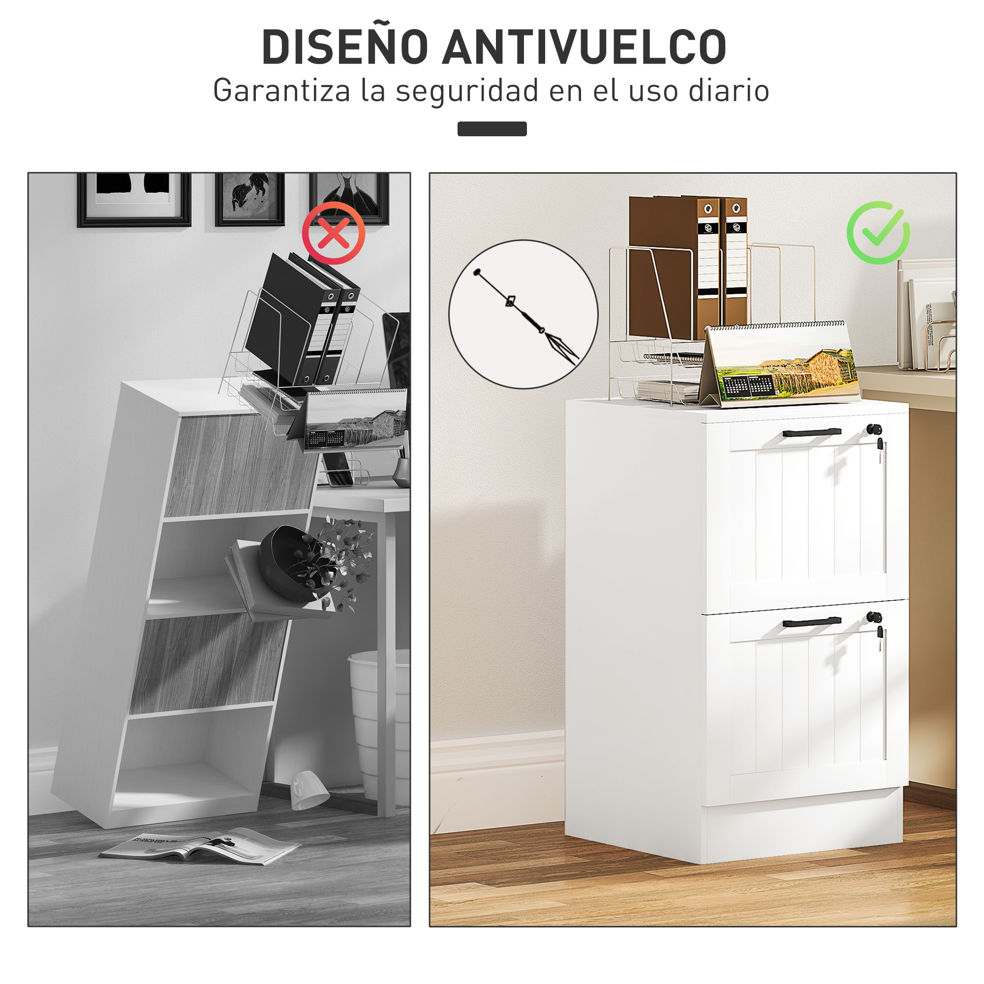 Gabinete con archivadores y calendario, mostrando diseño antivuelco.