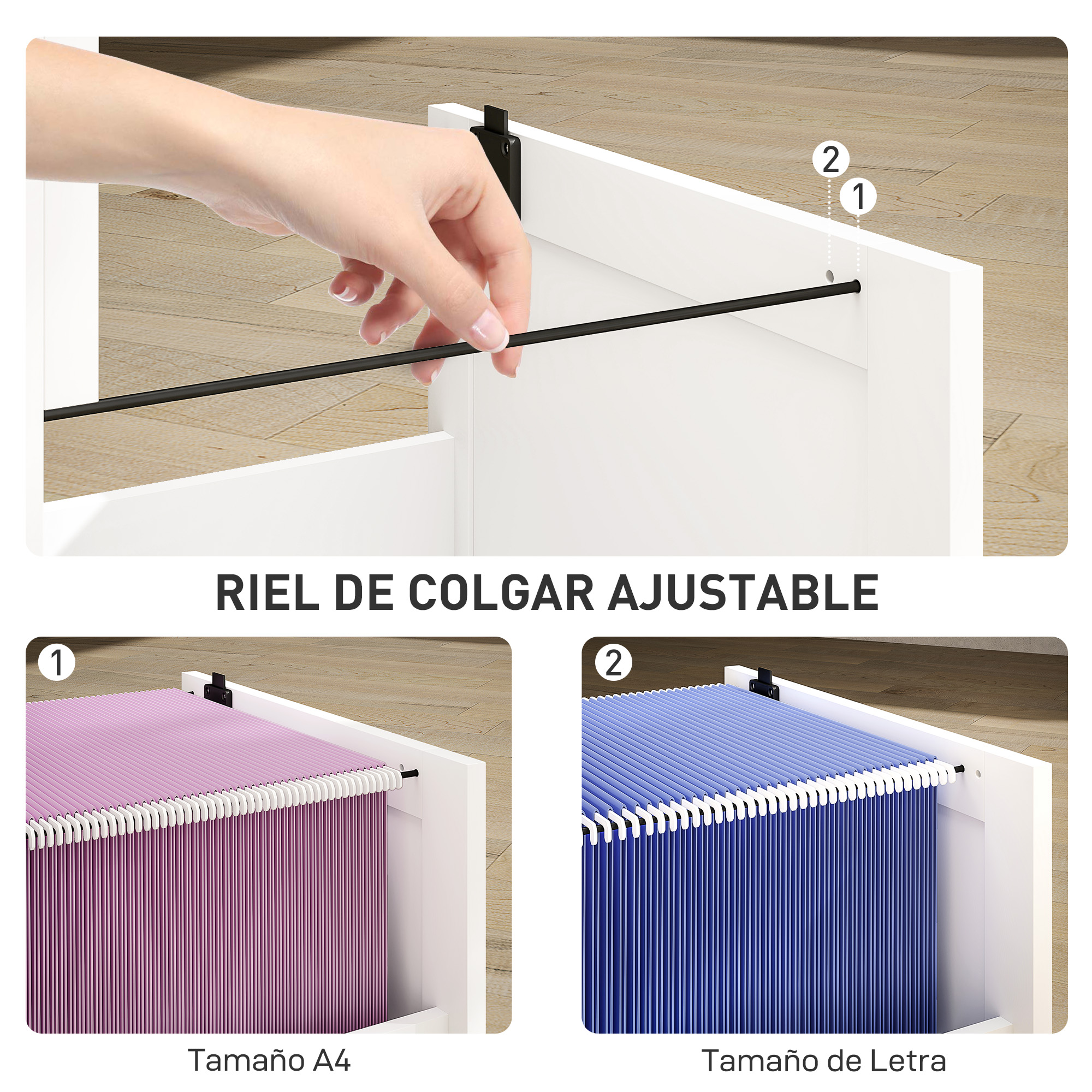 Una mano instala una barra en un armario blanco. Debajo hay archivos morados y azules.