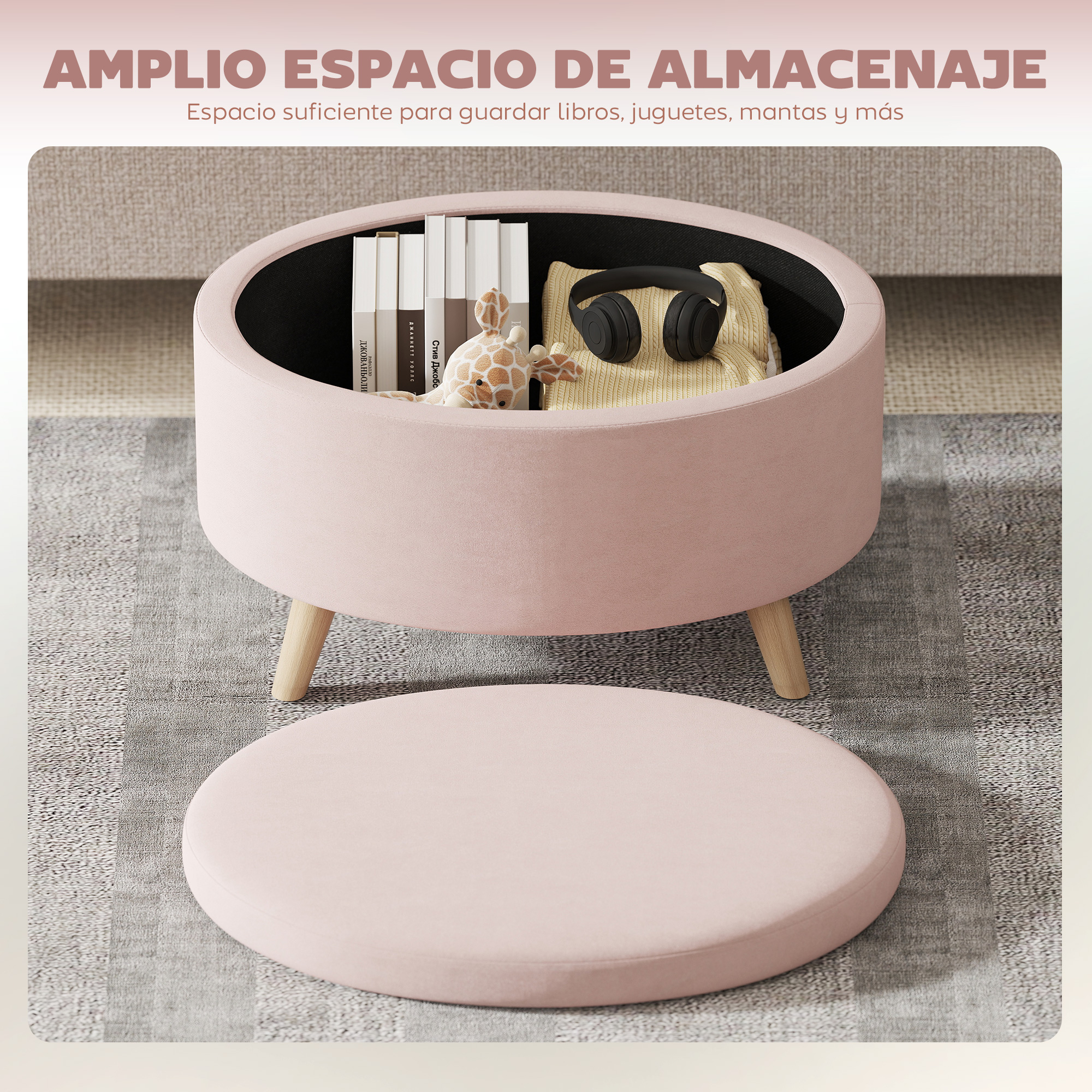 Banqueta de almacenamiento rosa con libros, juguete y audífonos.