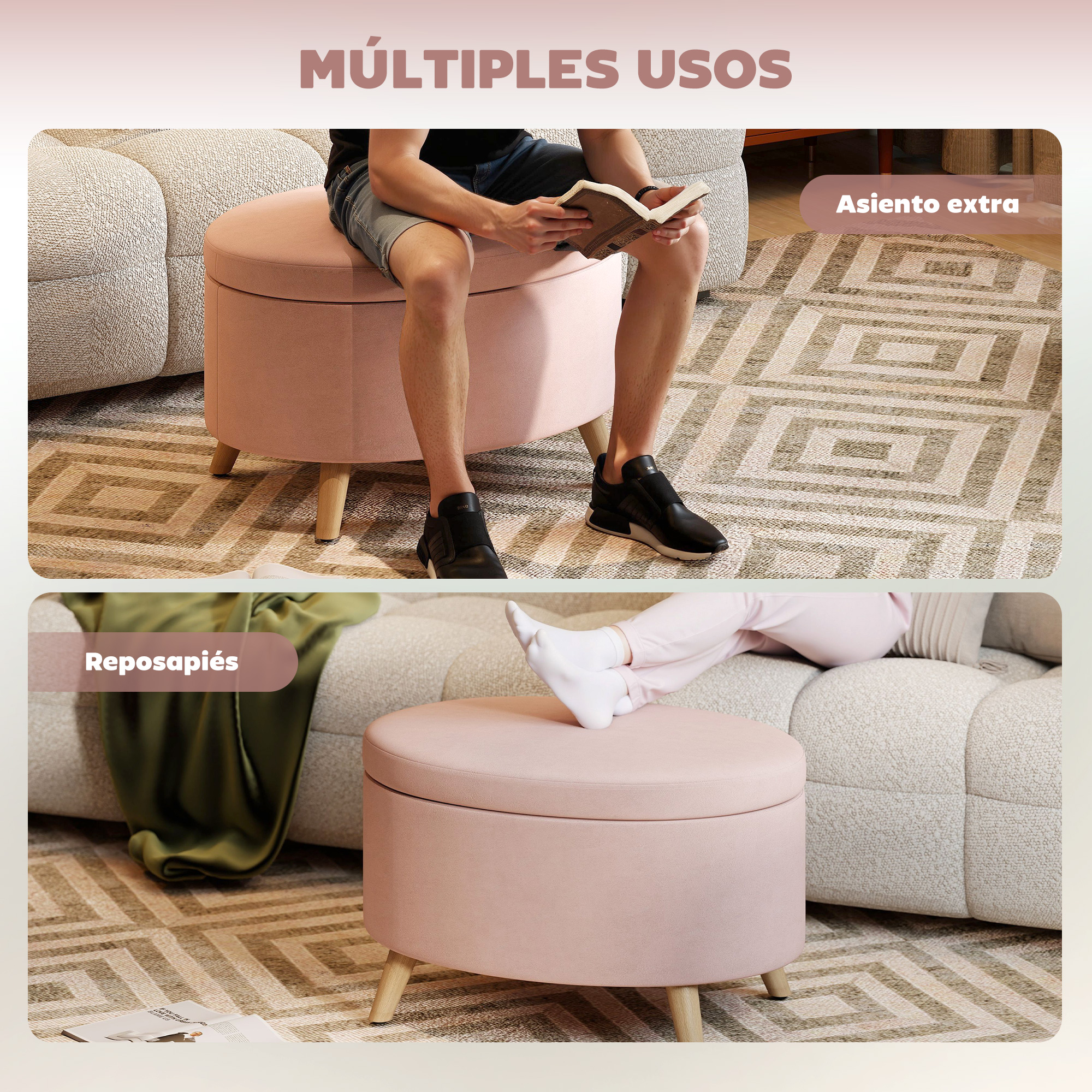 Un otomano rosa sirve como asiento y reposapiés junto a un sofá.