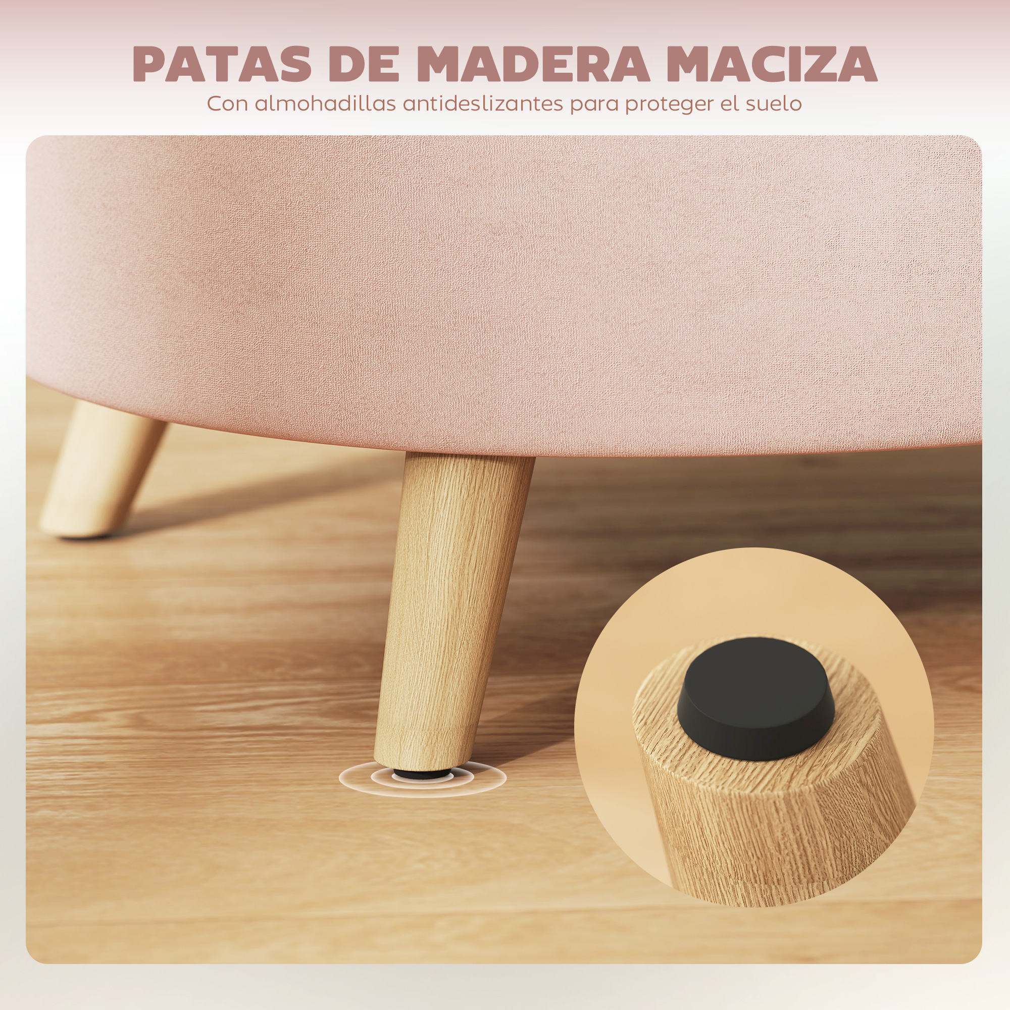 Primer plano de mueble rosa con patas de madera y pies antideslizantes.