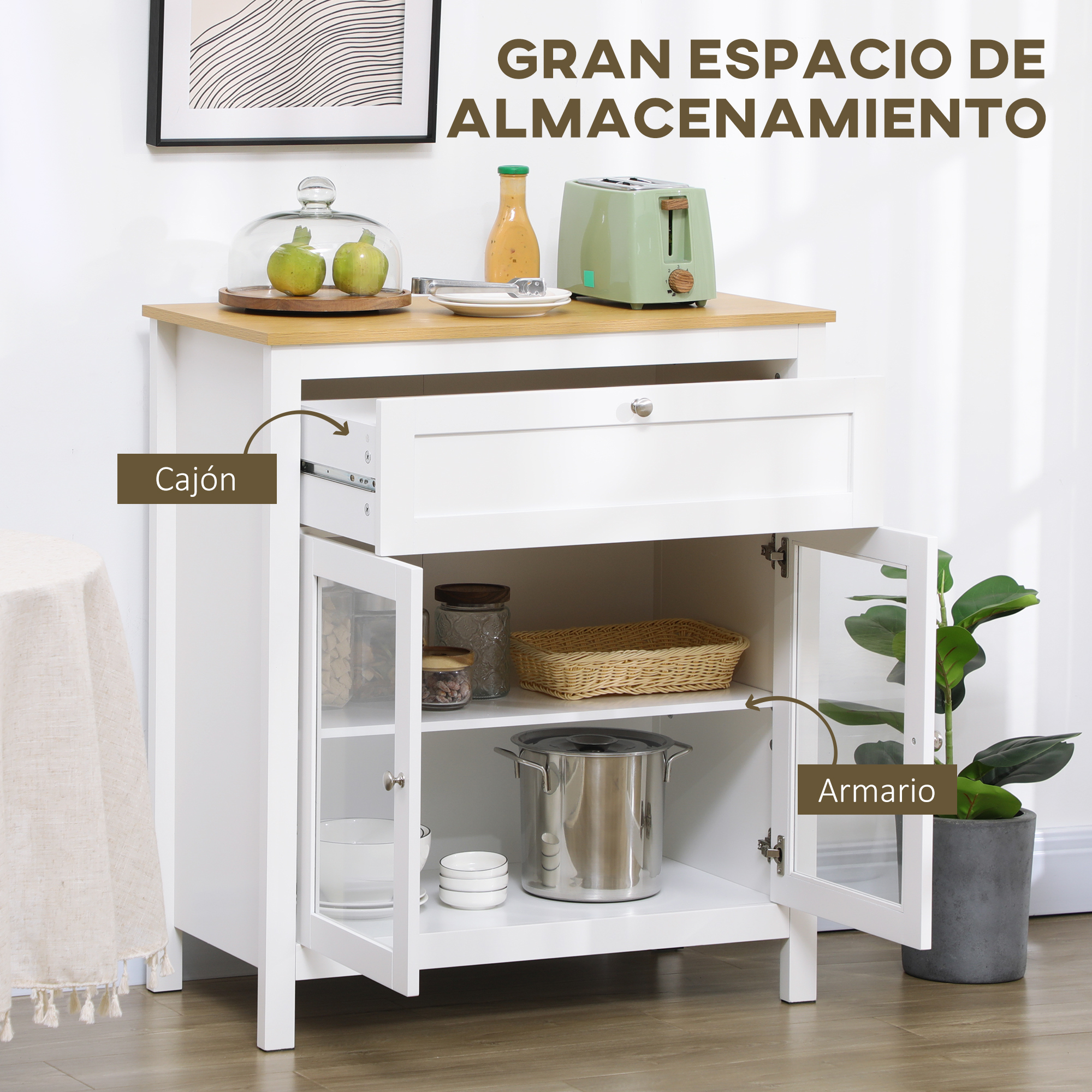 Un mueble de cocina blanco con cajón, puertas de cristal, ollas, frascos y tostadora.