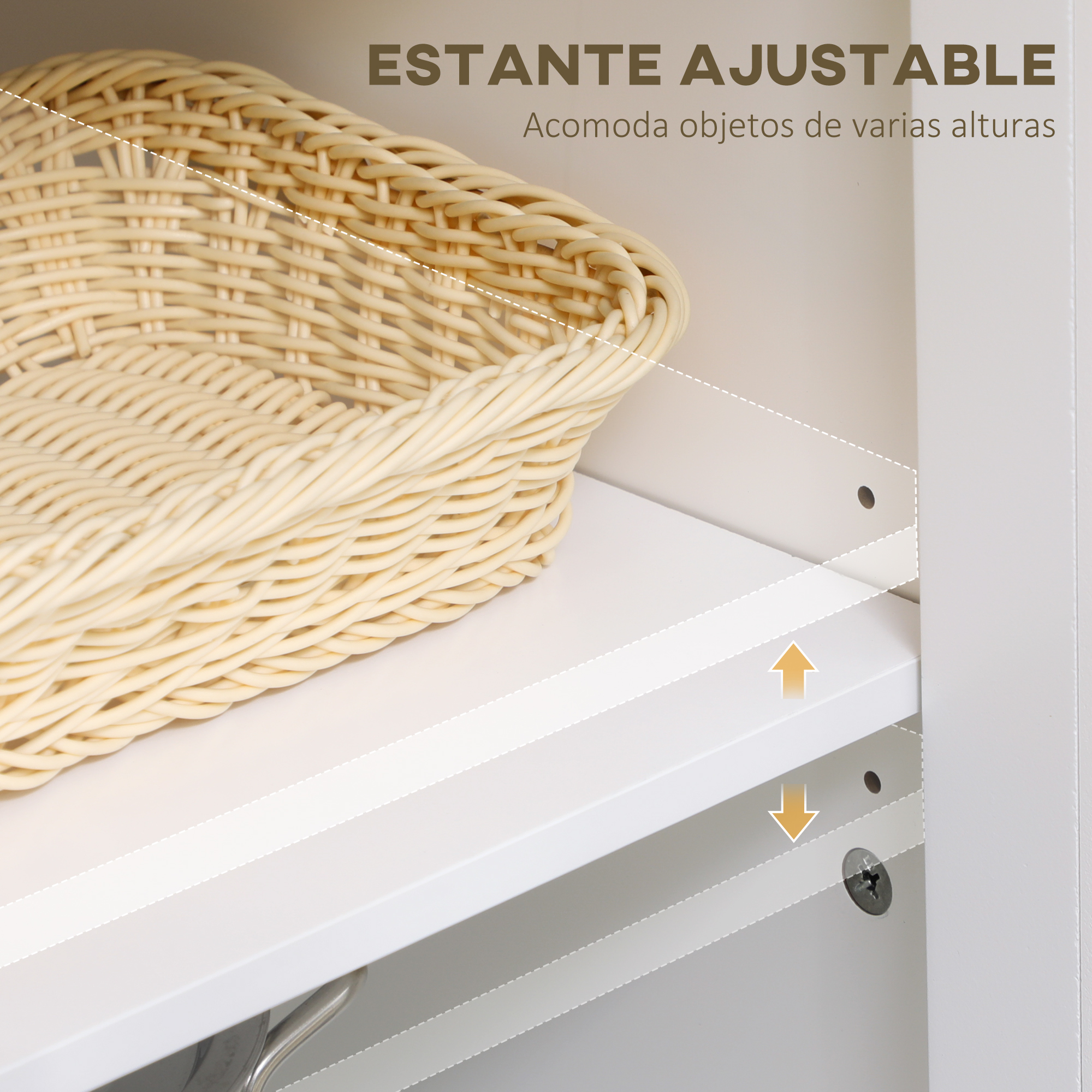 Una cesta tejida descansa en un estante blanco. Flechas indican ajuste de altura.