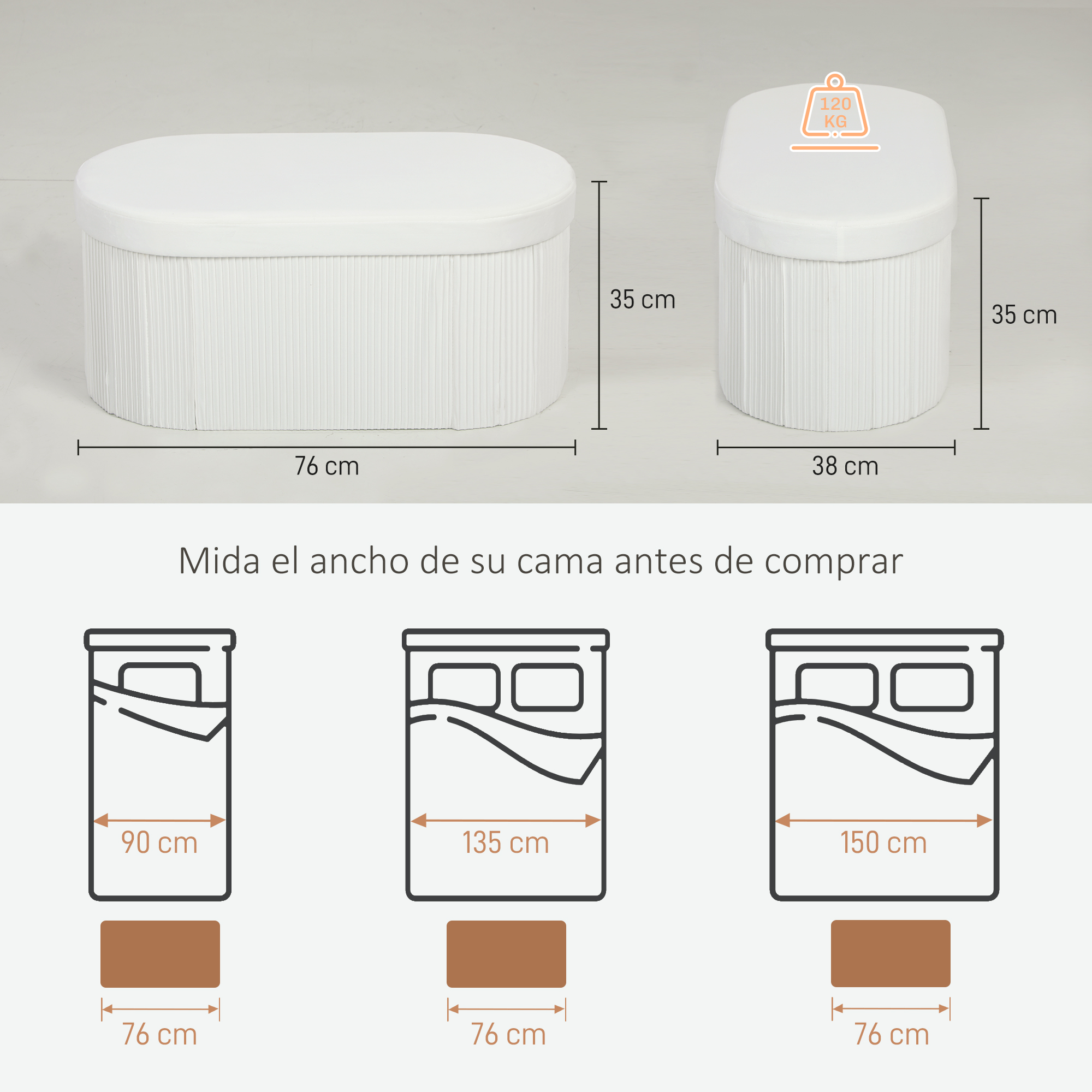 Pufs blancos, dimensiones y opciones de tamaño de cama.