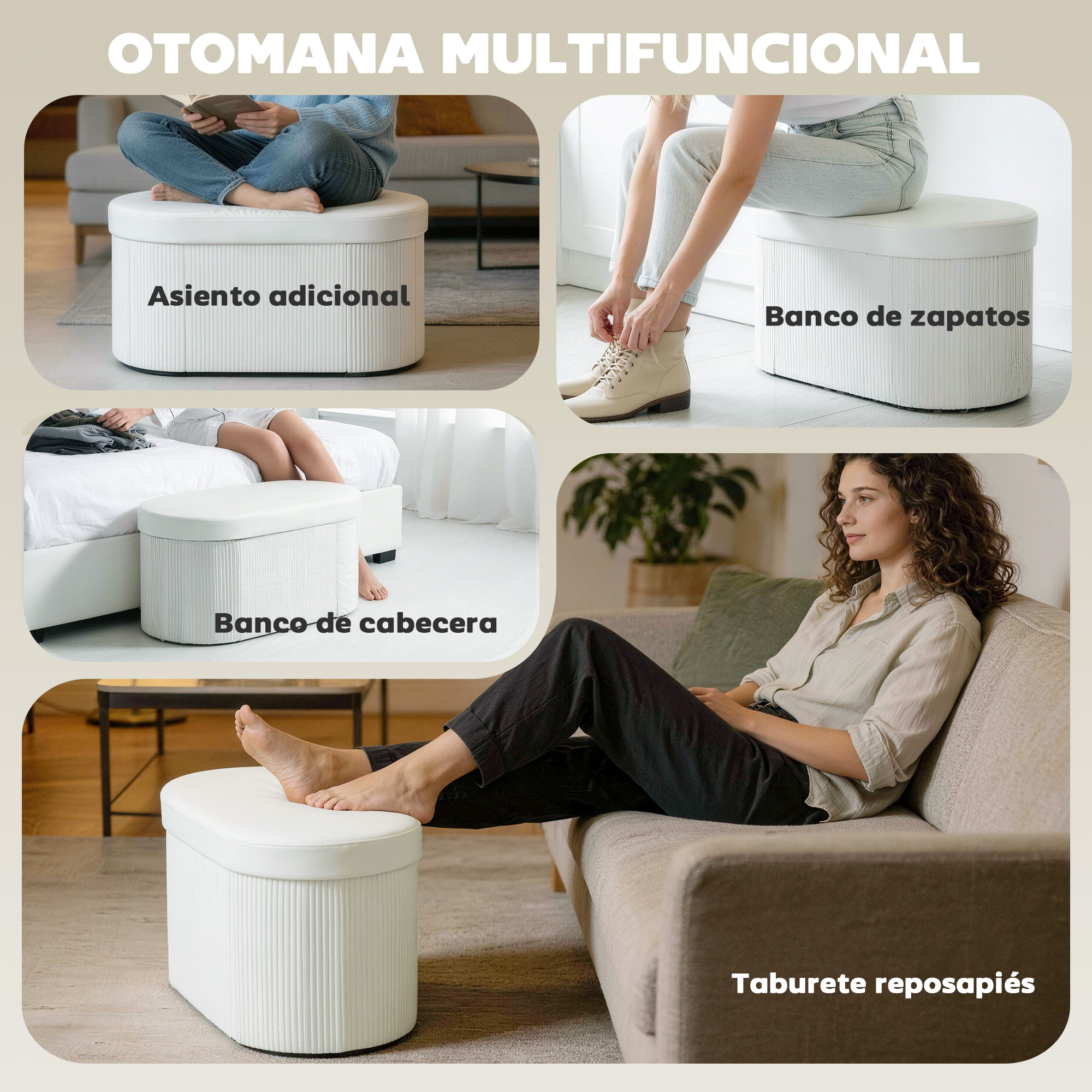 Collage que muestra un otomán blanco usado como asiento, banco de zapatos, banco de cama y reposapiés.