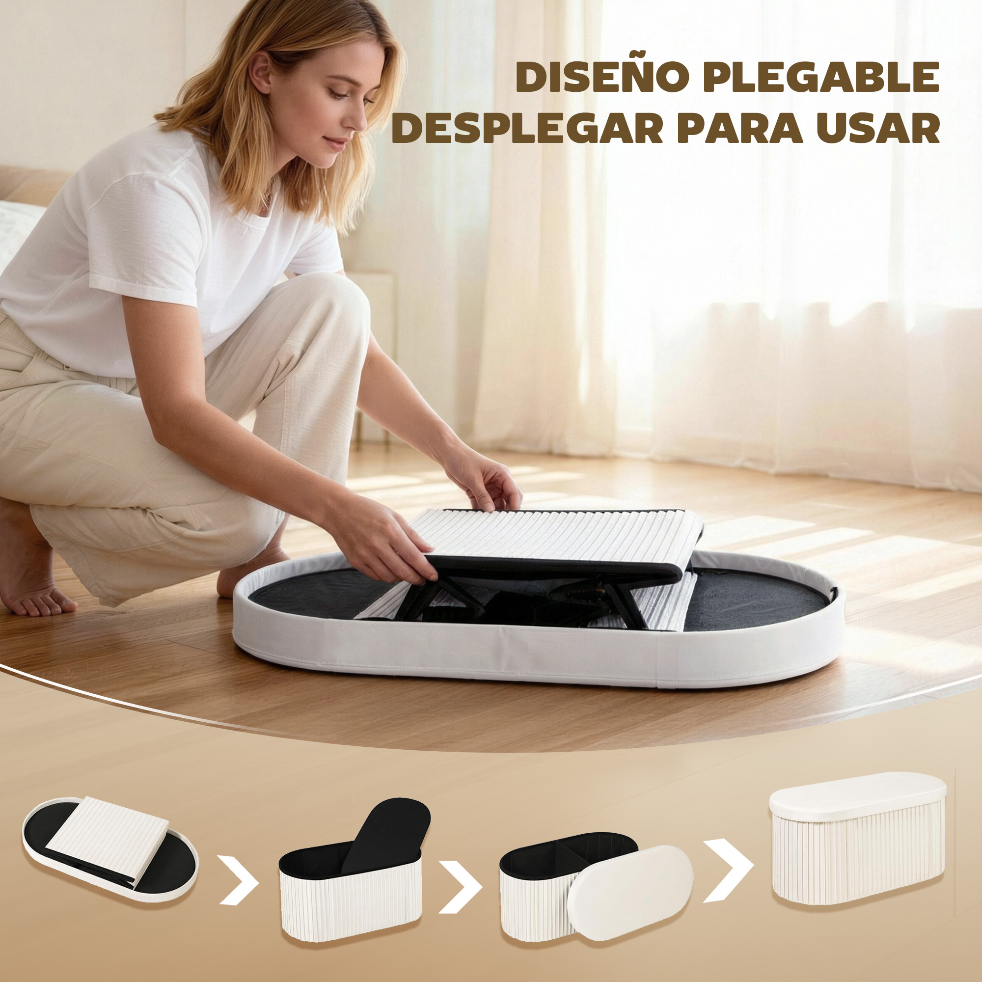 Una mujer dobla una mesa rectangular sobre una cama ovalada. Abajo: instrucciones paso a paso.