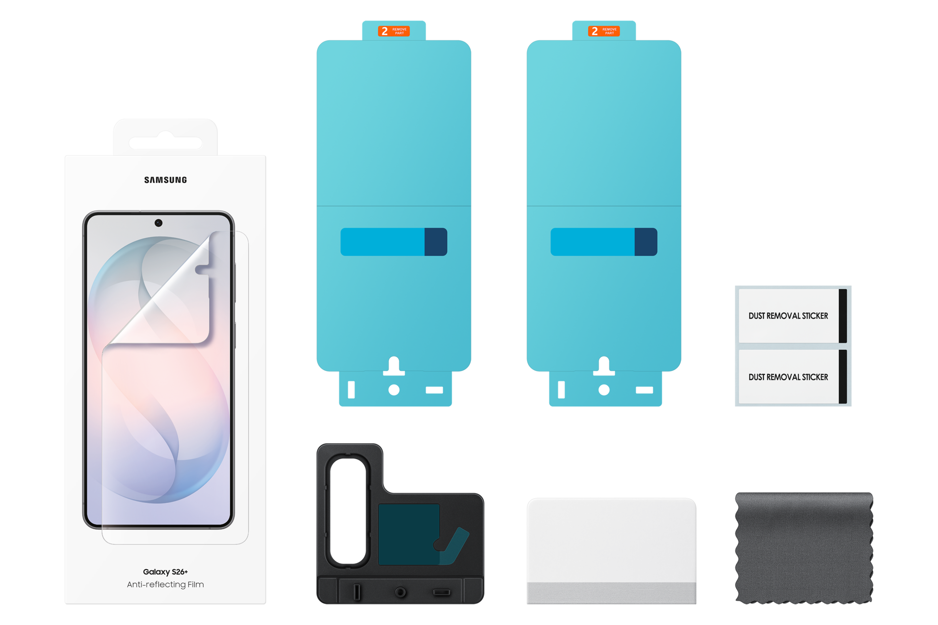 Samsung Galaxy S26+ screenprotector kit. Links doos met telefoonafbeelding. Rechts gereedschap.