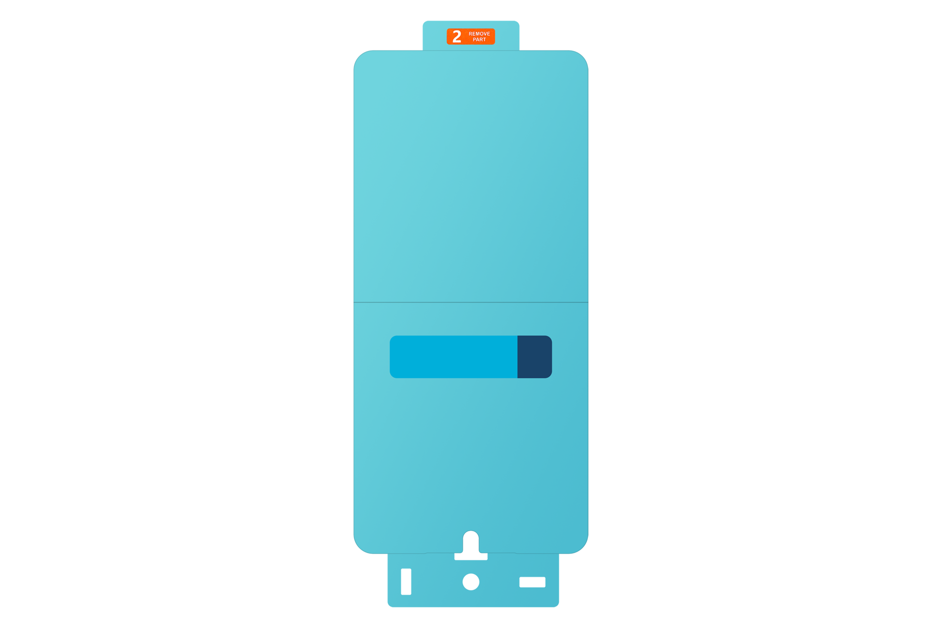 Een lichtblauwe unit met een oranje sticker '2 REMOVE PART'.