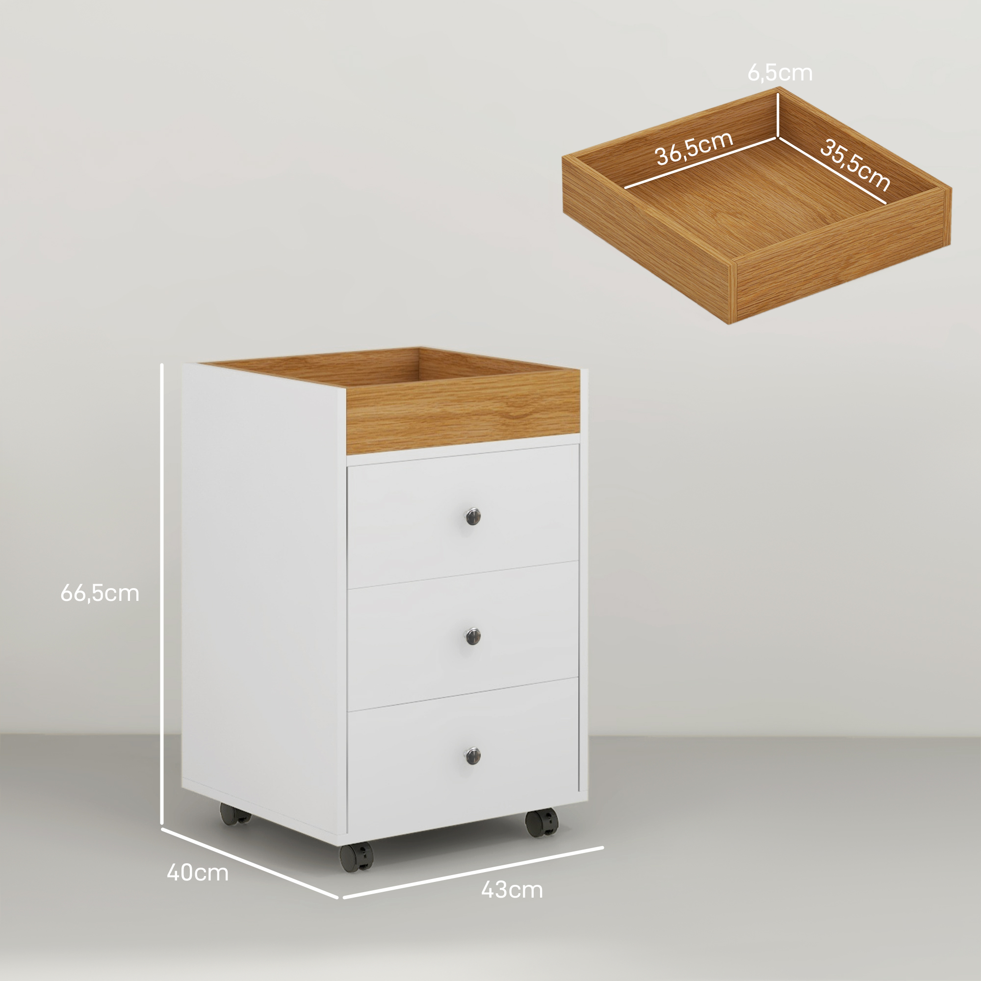 Un mueble blanco con ruedas, tapa de madera y tres cajones. Se muestran las dimensiones.