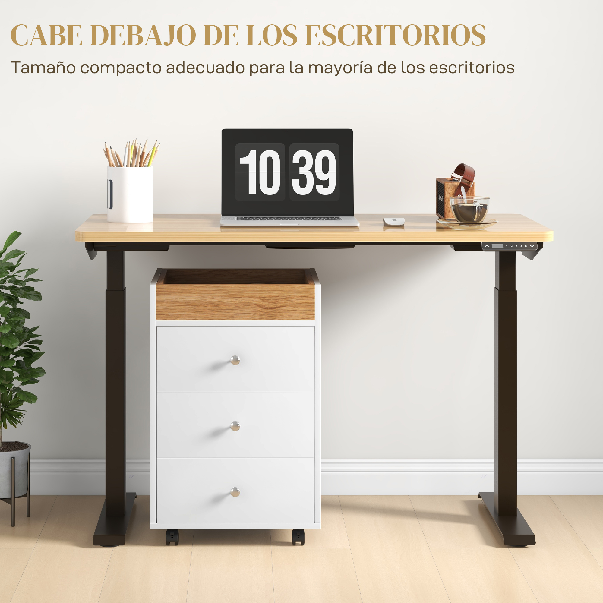 Un escritorio regulable en altura con cajones, portátil y una taza de café.
