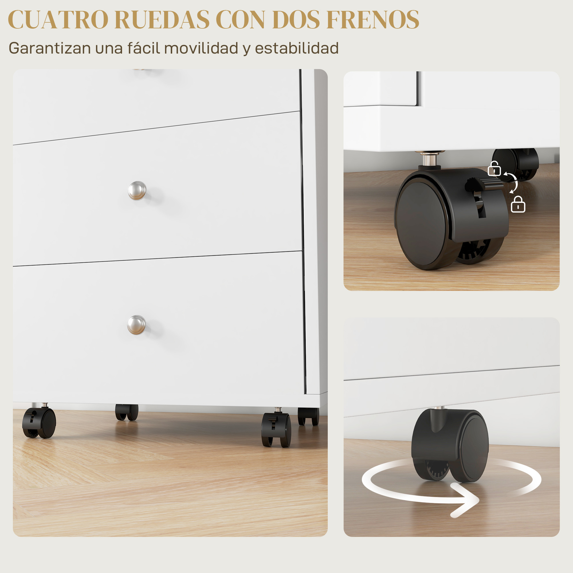 Mueble blanco de cajones con ruedas negras, dos con freno.