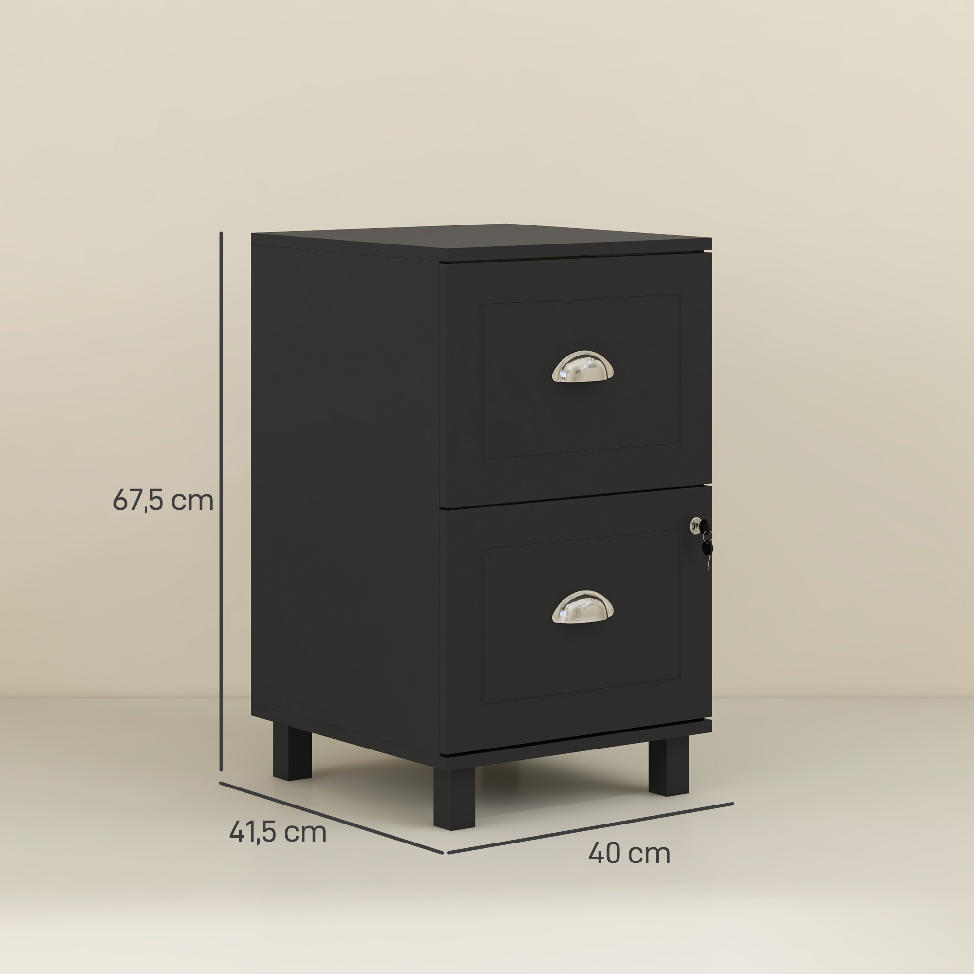 Gabinete de archivo negro con dos cajones y tiradores plateados, con medidas.