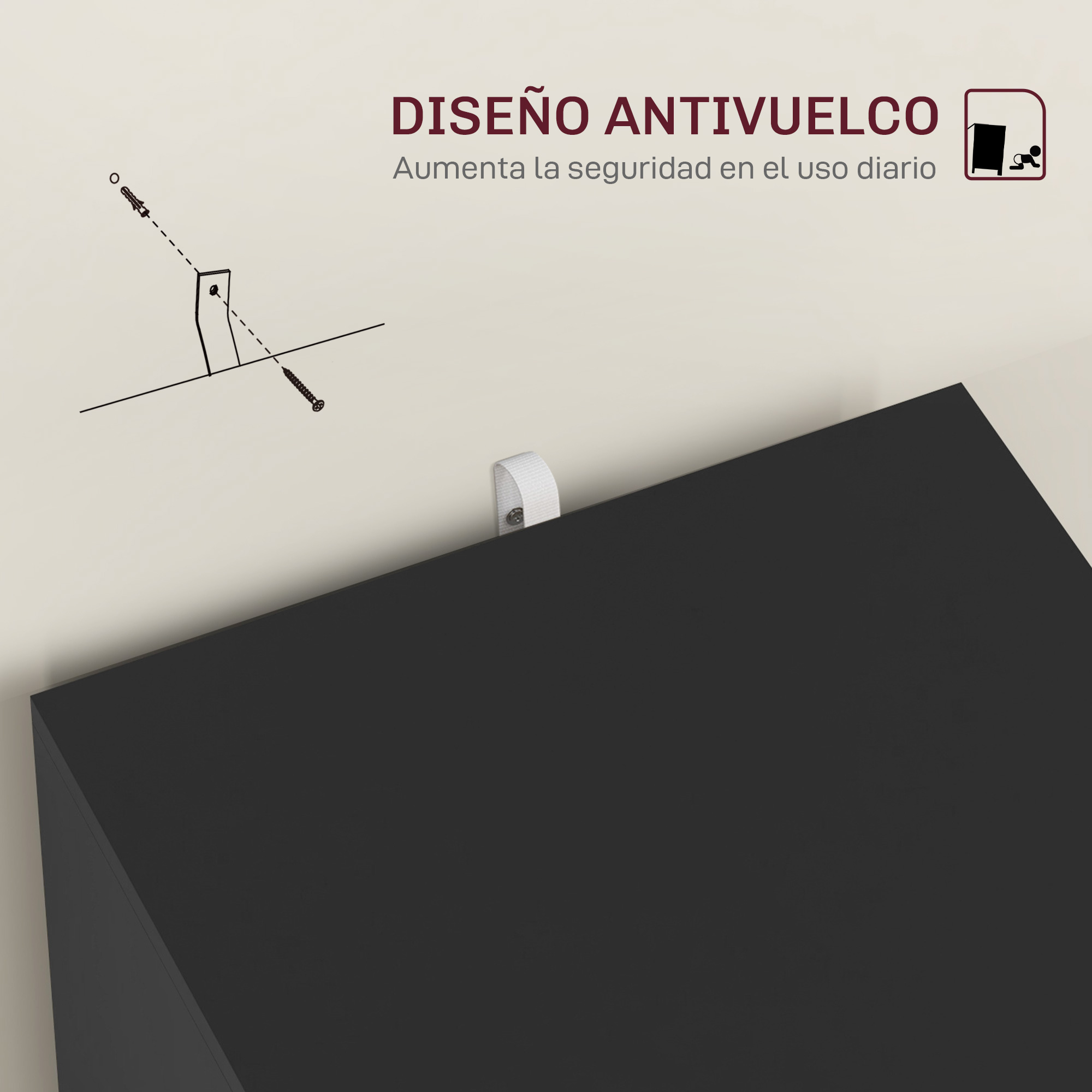Mueble negro con símbolo antivuelco y diagrama de montaje en pared.