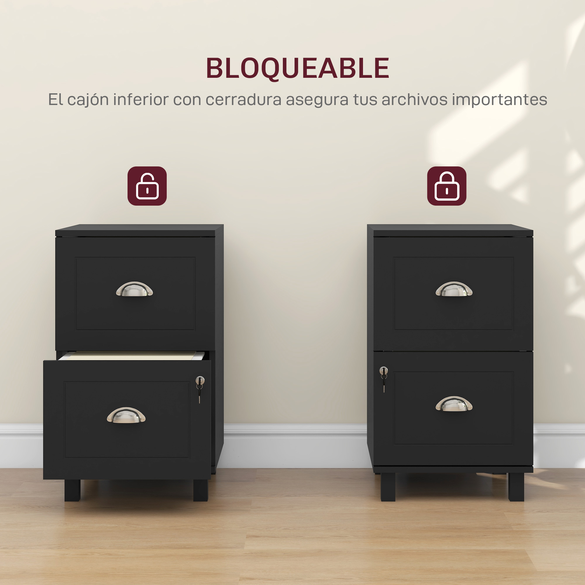 Dos archivadores negros con cajones. Uno tiene un cajón abierto y una llave.