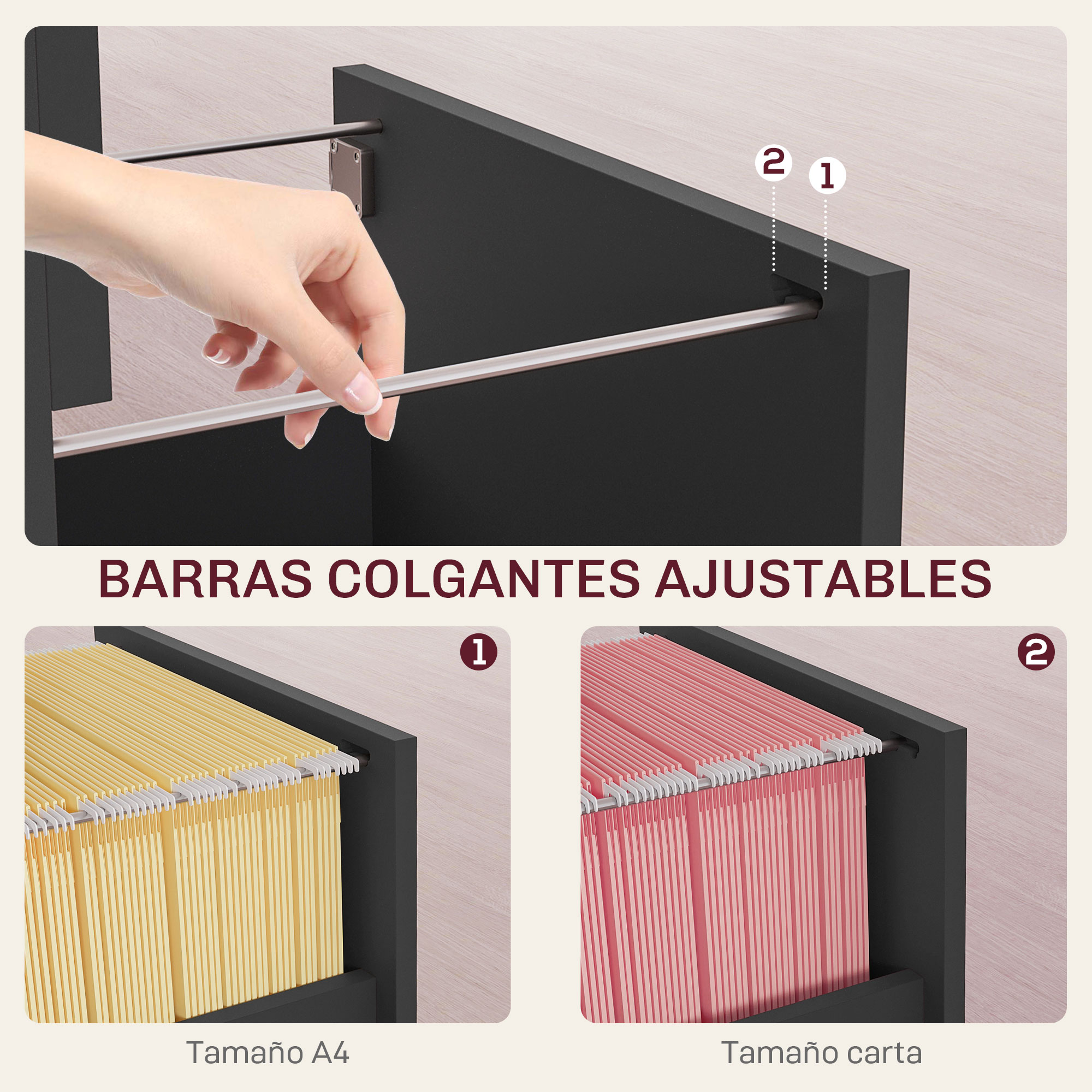Imagen que muestra barras colgantes ajustables para carpetas.
