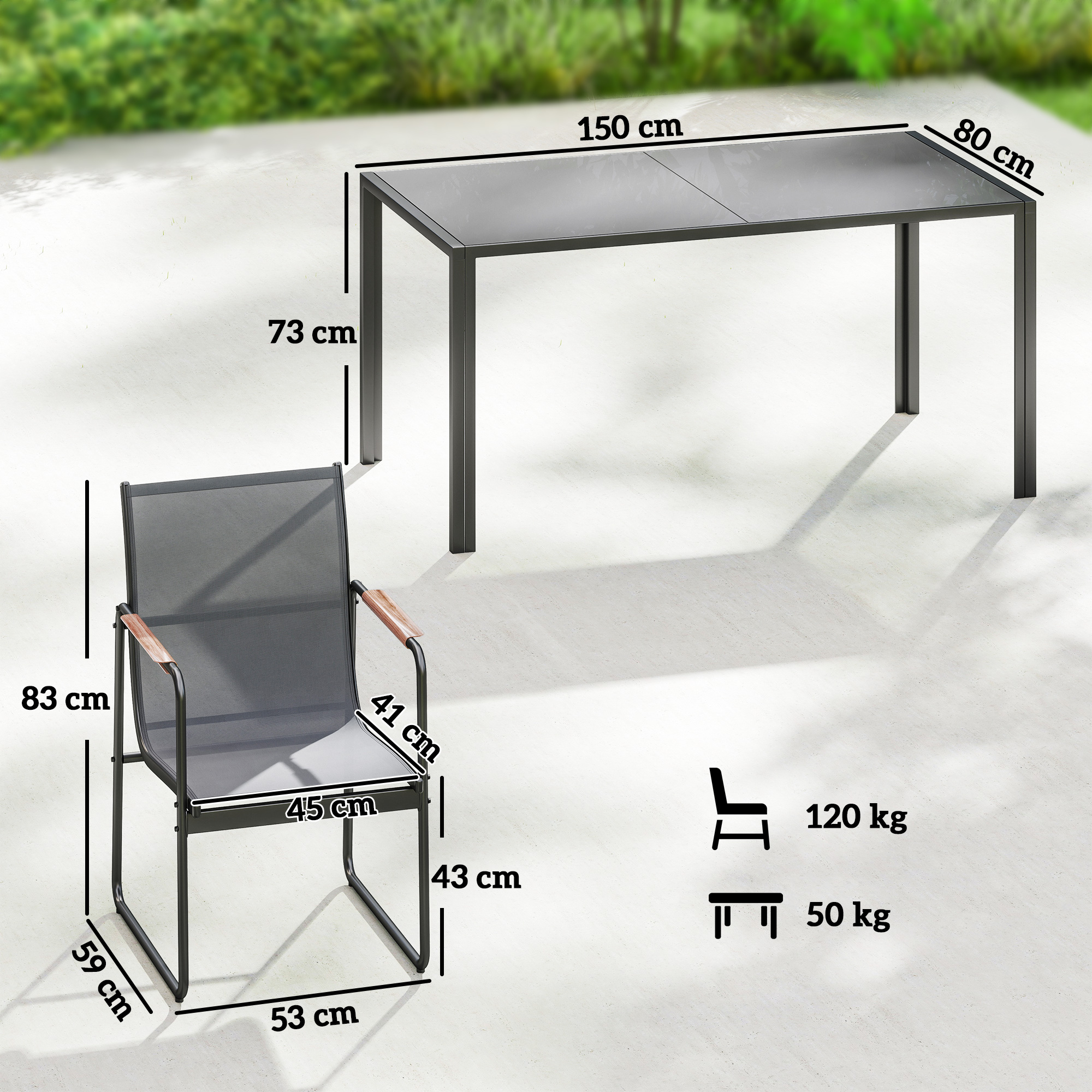 Mesa de jardín (150x80x73cm) y silla (53x59x83cm) con medidas.