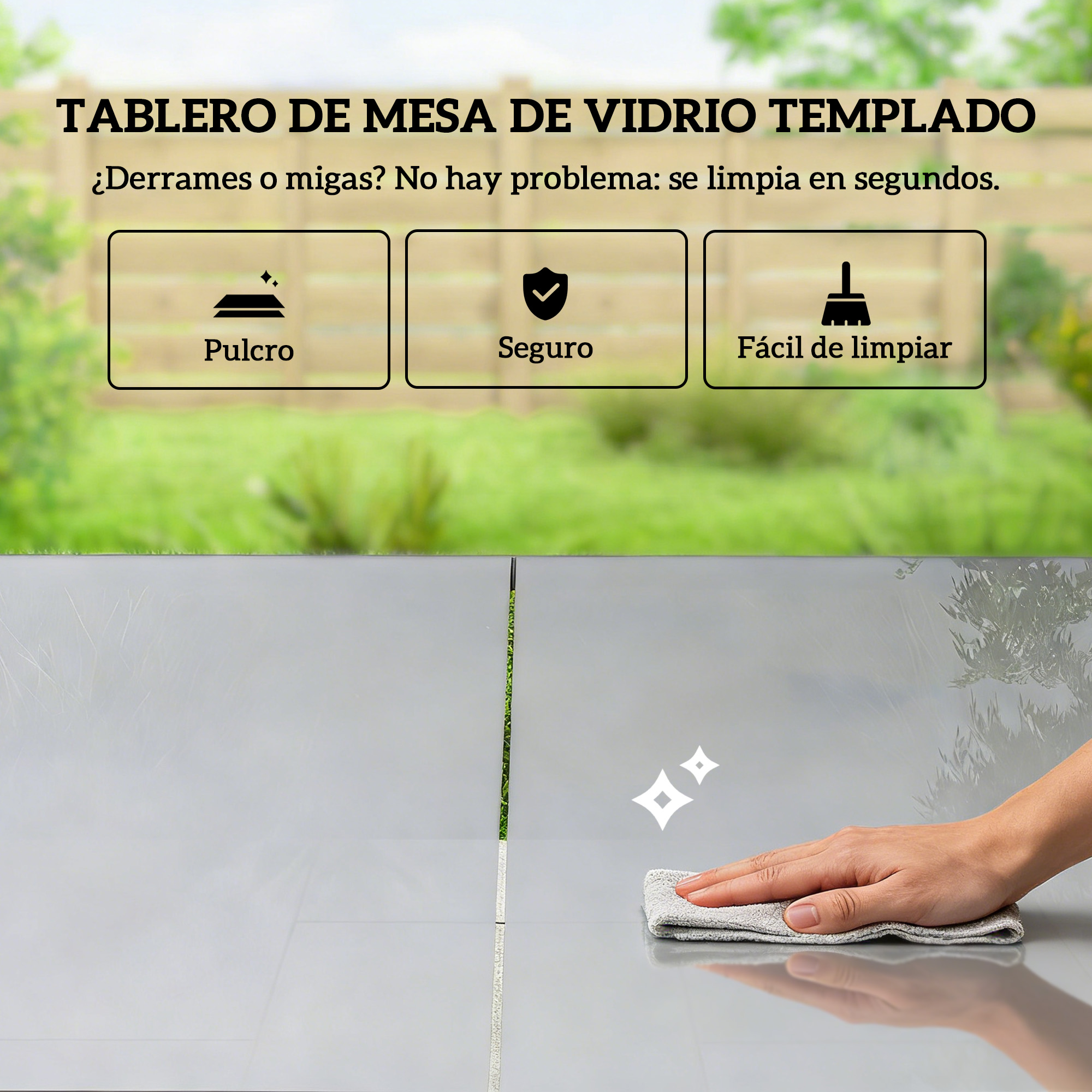 Limpieza de tablero de vidrio, con iconos de pulcro, seguro, fácil de limpiar.