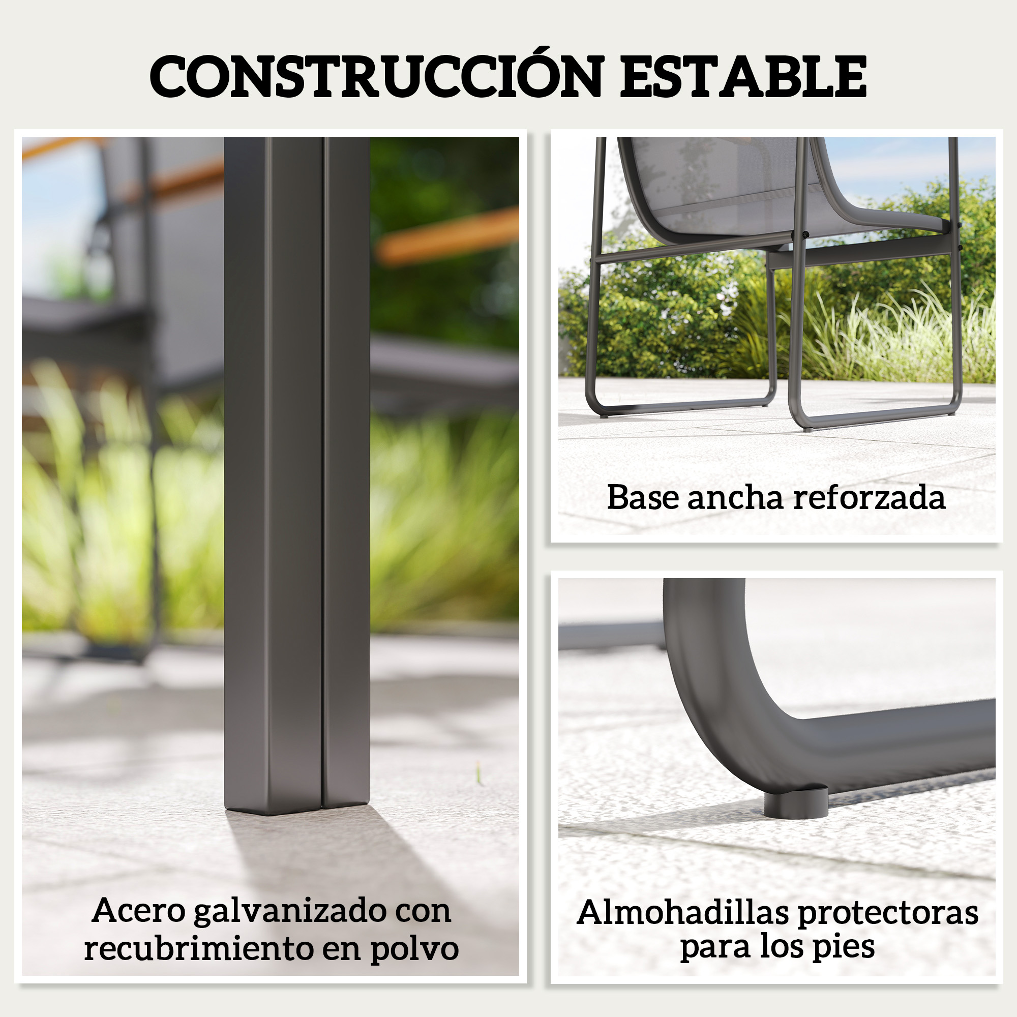 Construcción estable: acero galvanizado, base ancha, pies protectores.