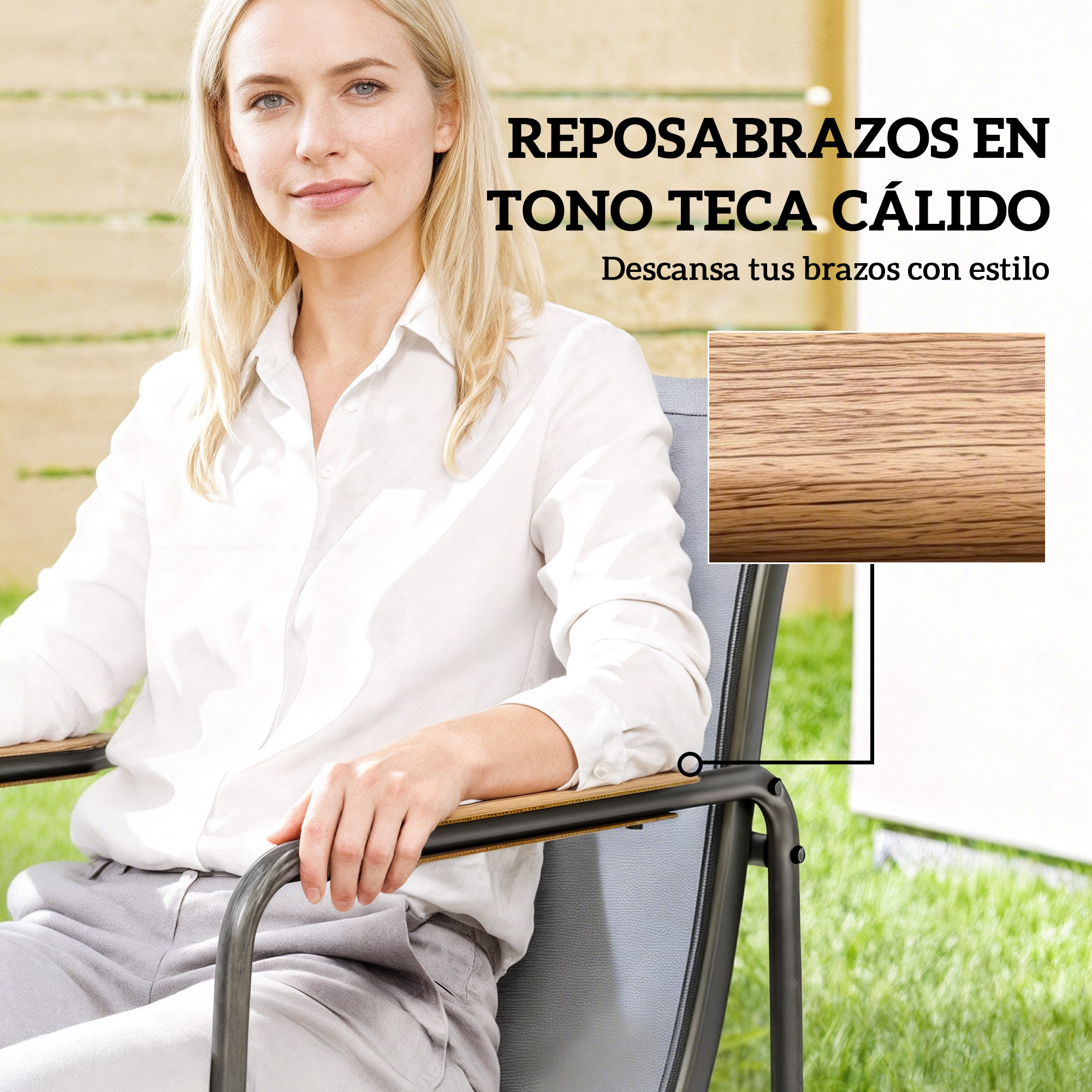 Mujer sentada en silla con reposabrazos de teca al aire libre.