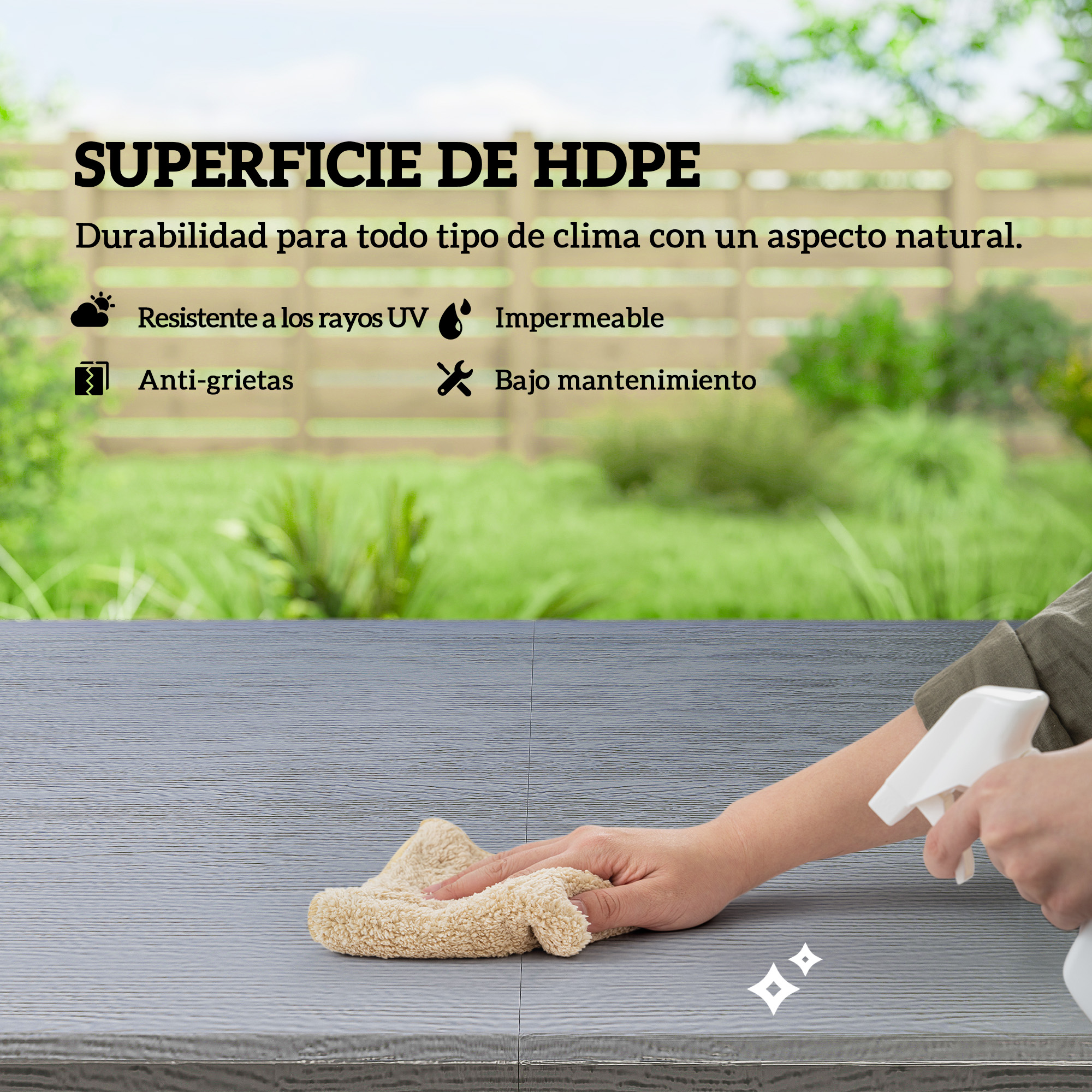 Mano limpiando superficie HDPE gris con paño y spray. Fondo exterior.