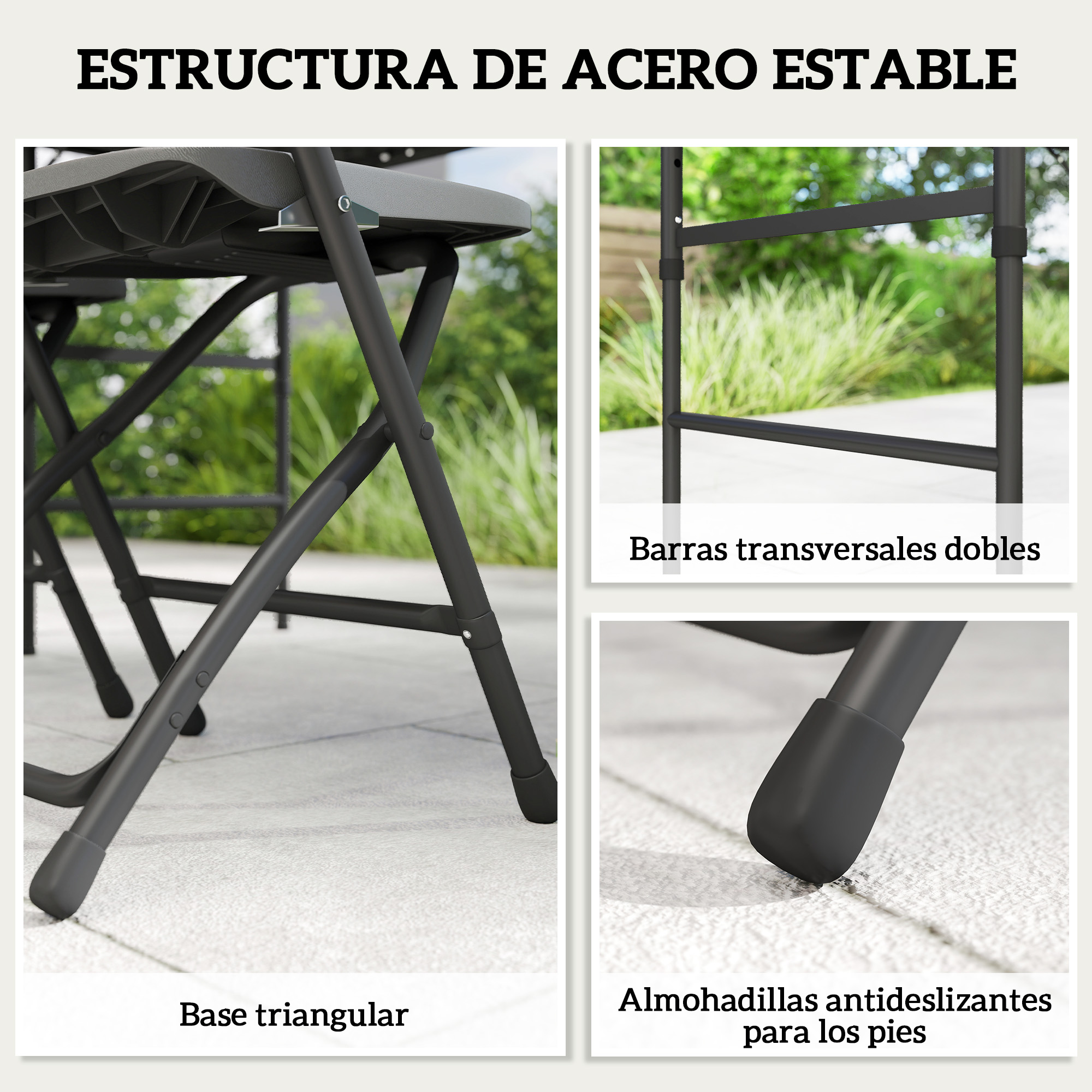 Primer plano de una silla plegable negra, enfocándose en su base triangular y pies antideslizantes.