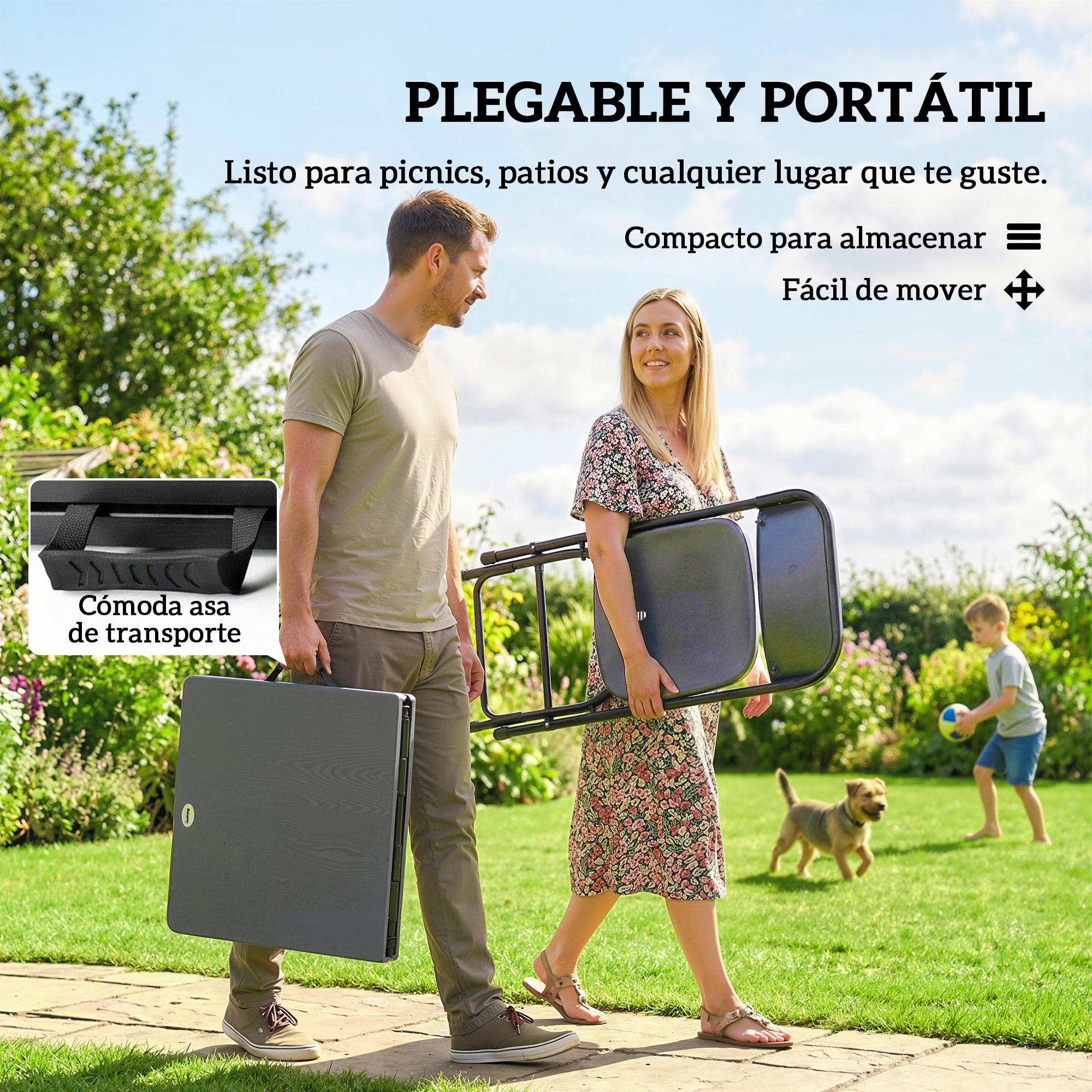 Un hombre y una mujer llevan una mesa y una silla en un jardín.