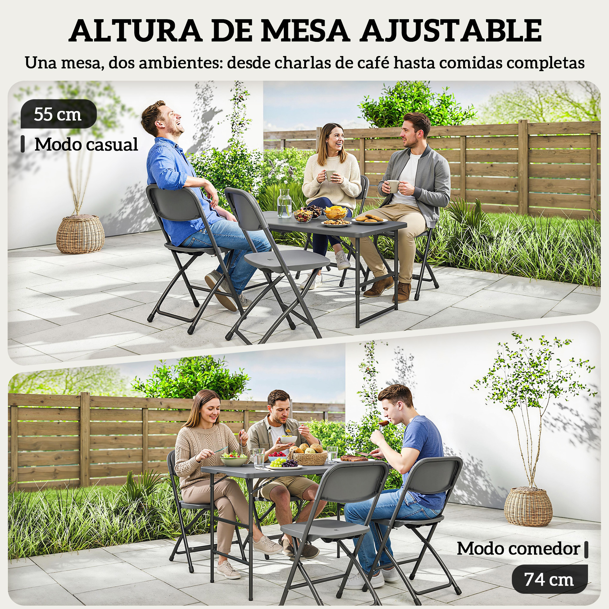 Dos escenas muestran una mesa ajustable exterior: 55cm casual y 74cm modo comedor.