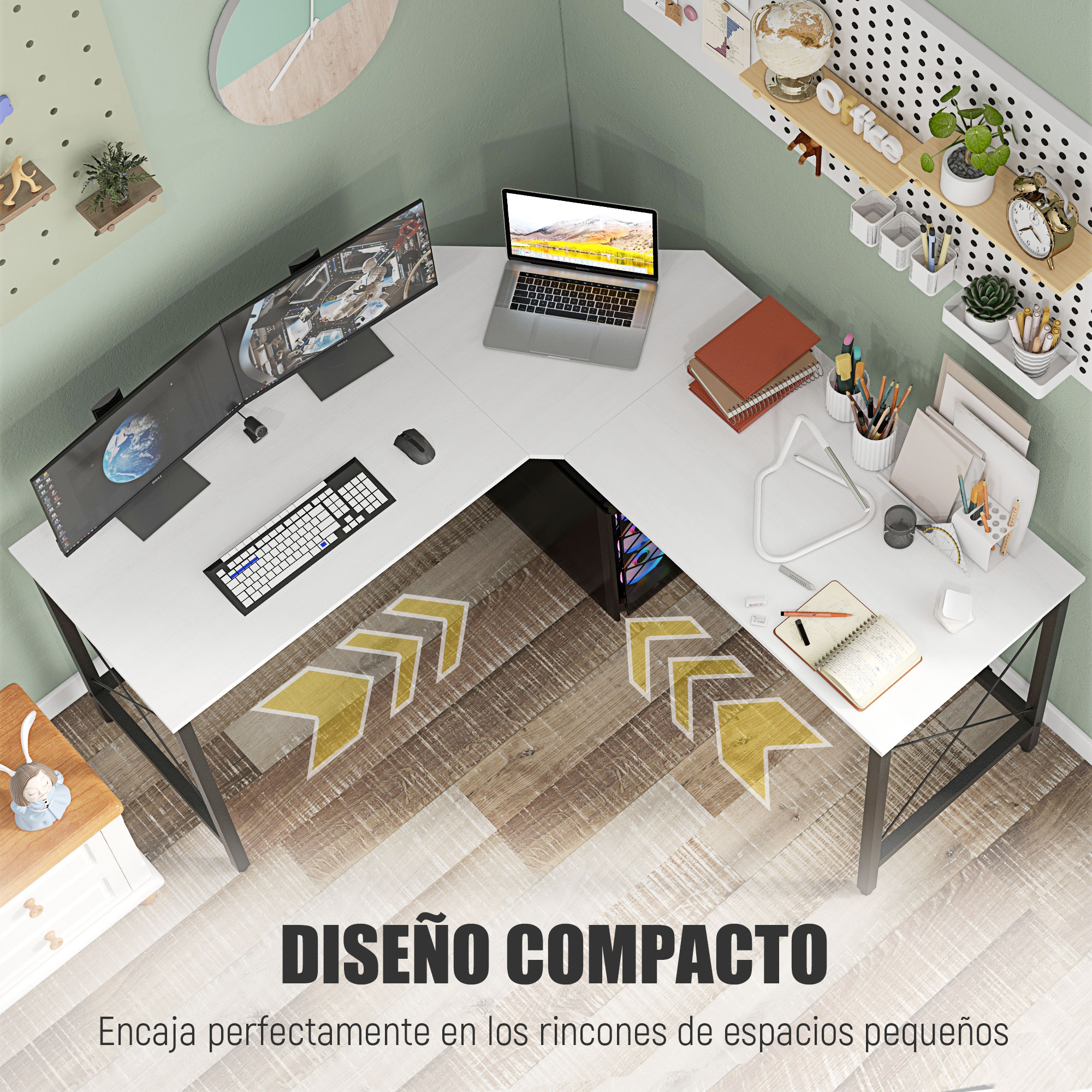 Un escritorio de esquina blanco con dos monitores, portátil, teclado y PC.